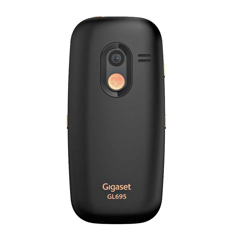 Retro di un telefono cellulare nero Gigaset GL695 con fotocamera e pulsante SOS.