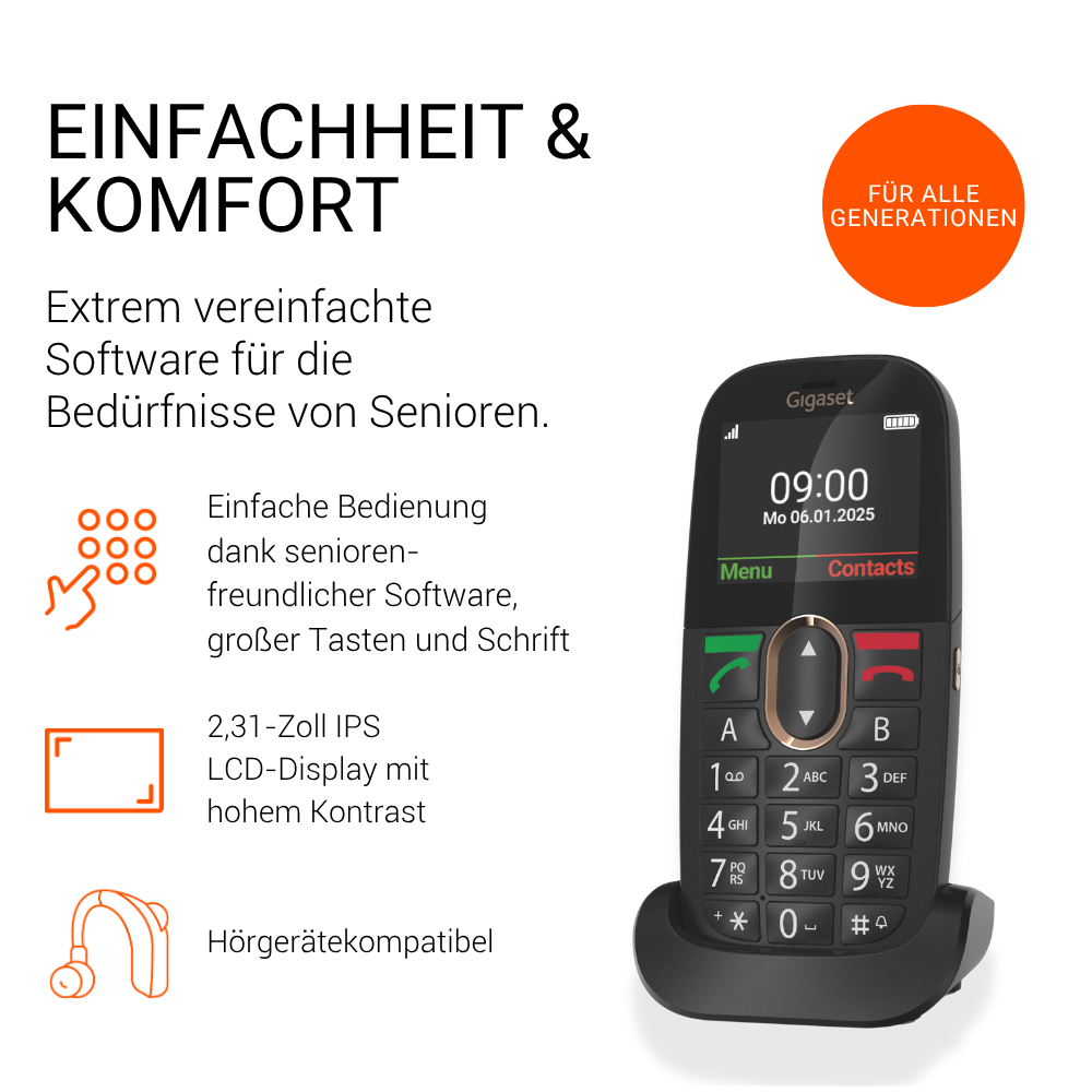 Telefono cellulare nero per anziani con tastiera grande, schermo e descrizione in tedesco.
