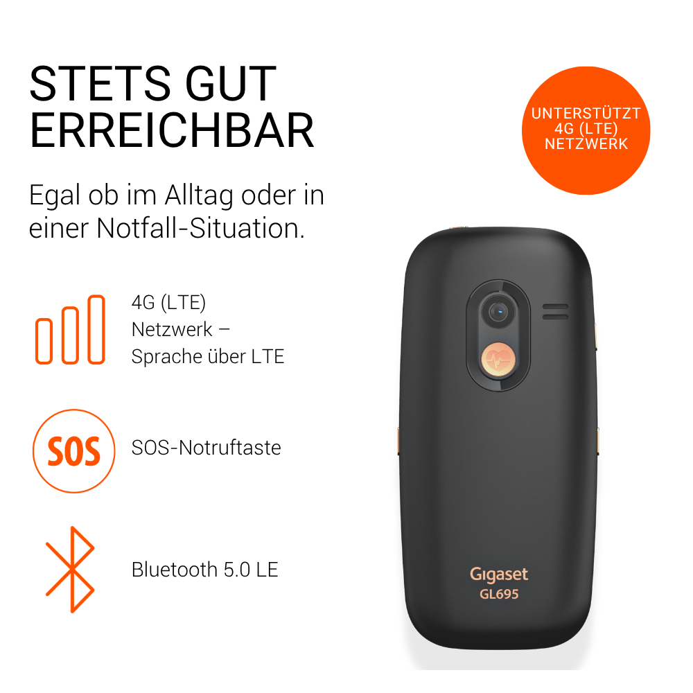 Telefono nero Gigaset GL695 con 4G, pulsante SOS e Bluetooth.