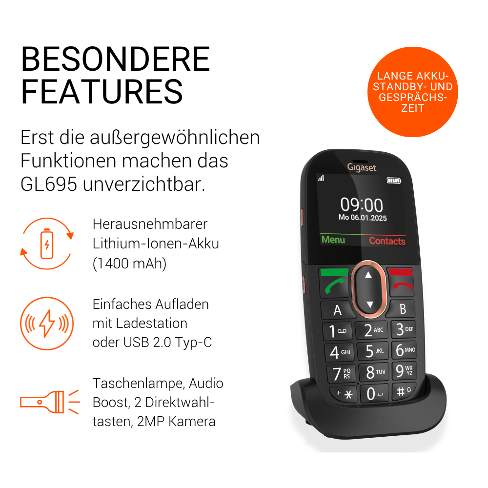 Telefono cellulare Gigaset GL695 nero con base di ricarica e infografica delle caratteristiche.