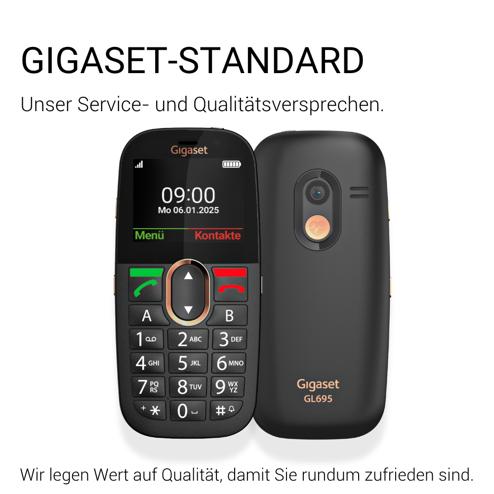 Due telefoni cellulari neri Gigaset GL695 per anziani, con tasti grandi e pulsante di emergenza.