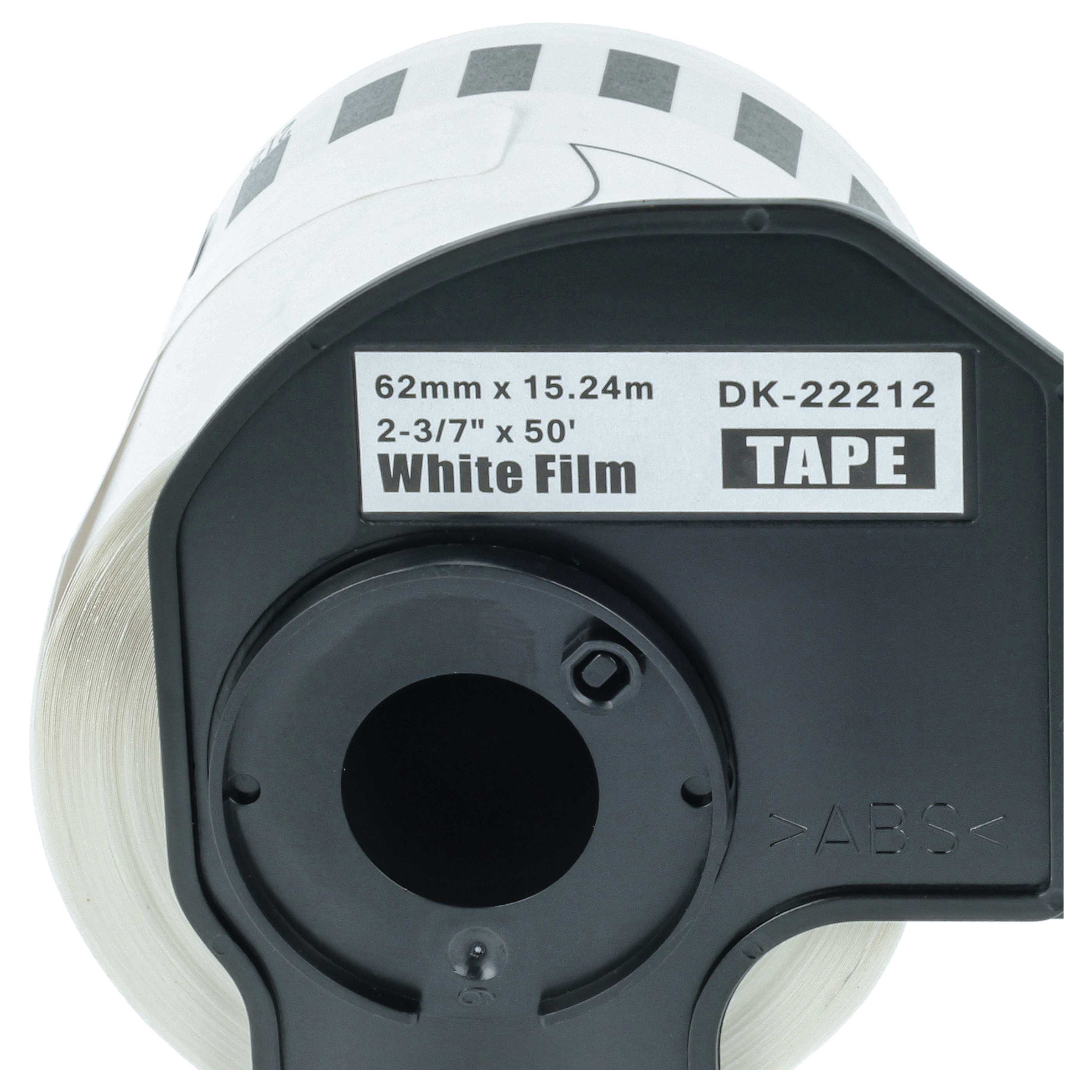 Eine Rolle weißes Filmband im schwarzen Plastikhalter mit Produktaufschrift.