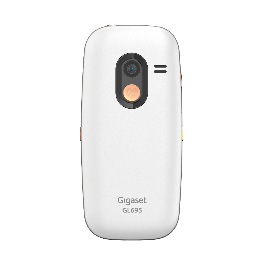 Weißes Gigaset GL695 Seniorenhandy von hinten mit Kamera, Notruf-Taste und Lautsprecher.