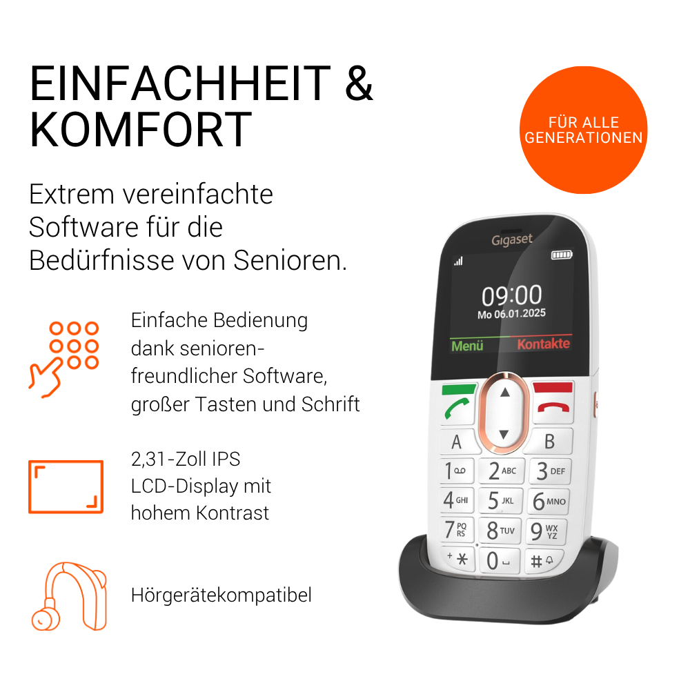 Werbebild für ein seniorengerechtes Gigaset-Telefon mit großer Tastatur, Display und erklärendem Text.