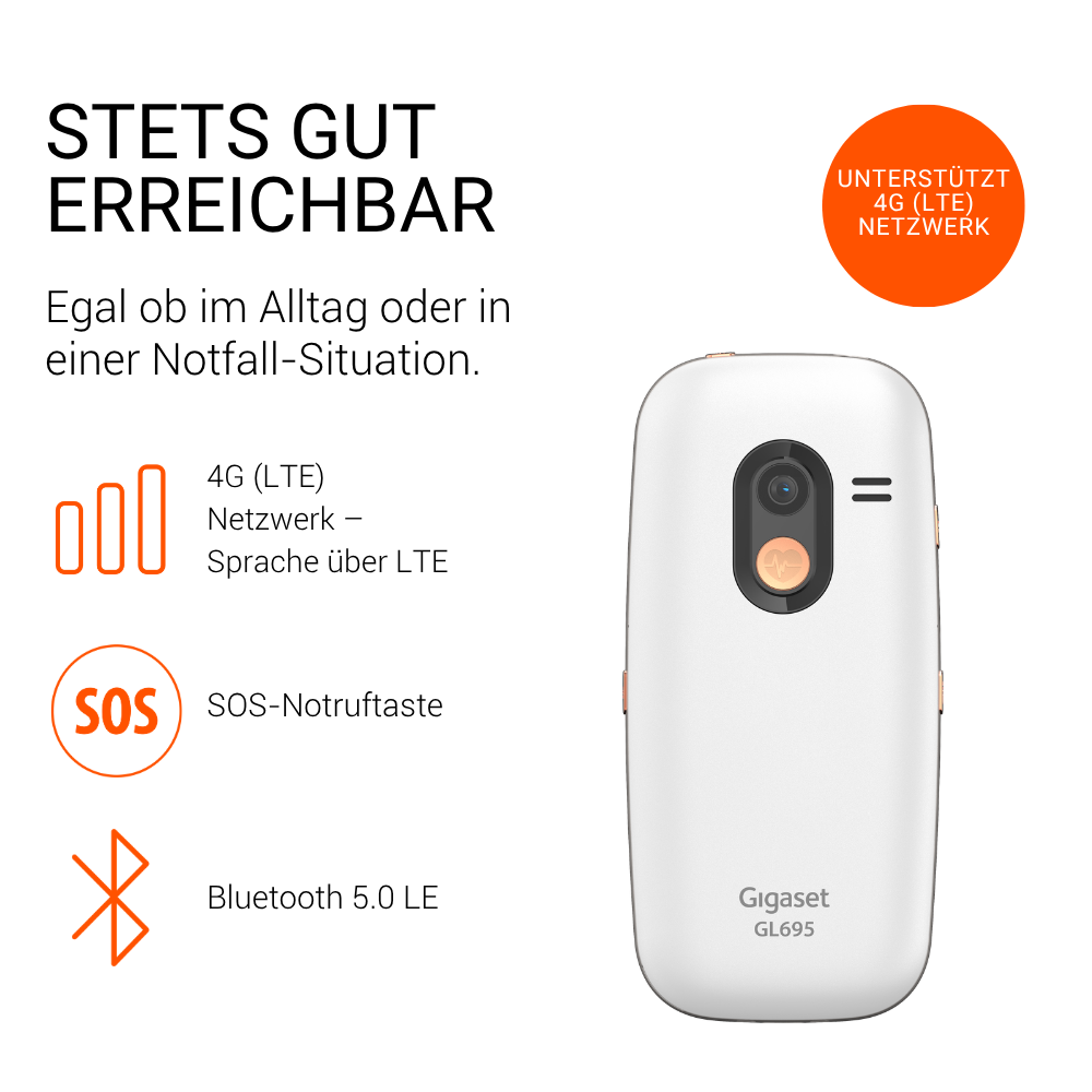 Werbebild für Gigaset GL695 Handy mit 4G, SOS-Taste und Bluetooth.