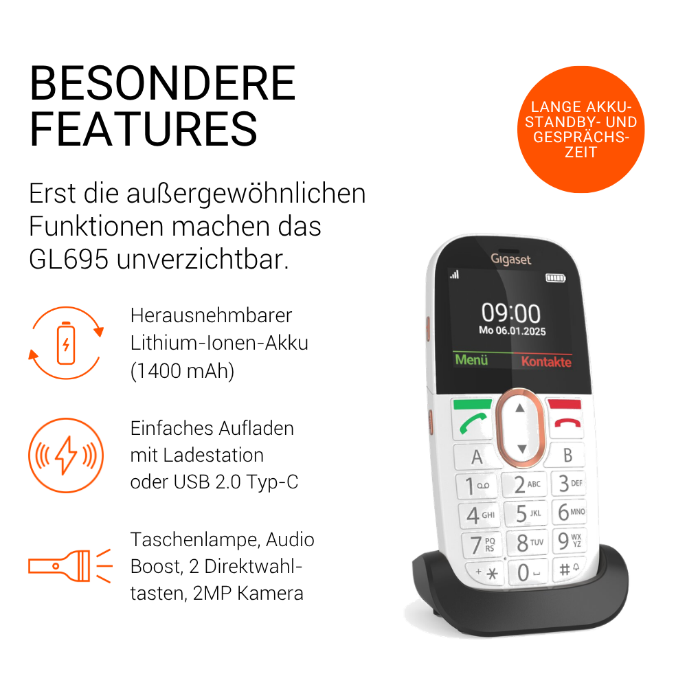 Übersicht der besonderen Features eines Gigaset GL695 Mobiltelefons in weiß mit Ladeschale.
