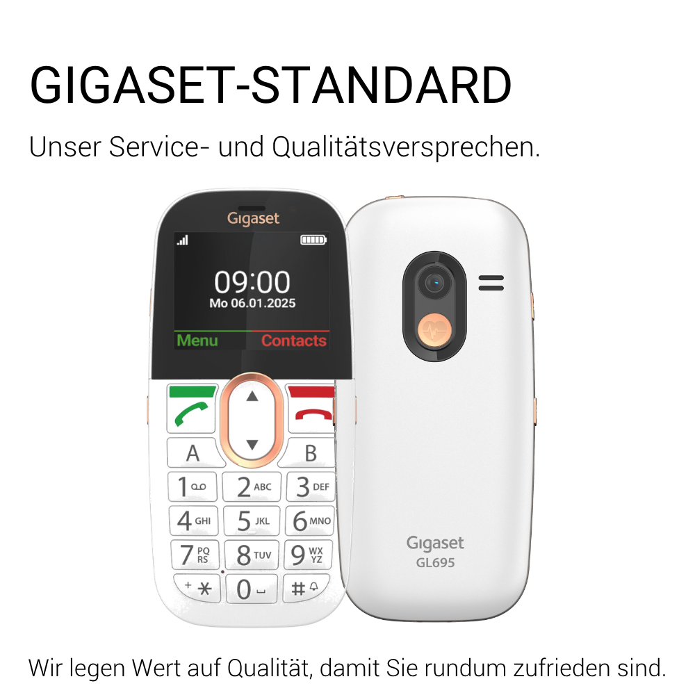 Gigaset-Standard-Mobiltelefon GL695 in Weiß von vorne und hinten mit Text über Qualität.