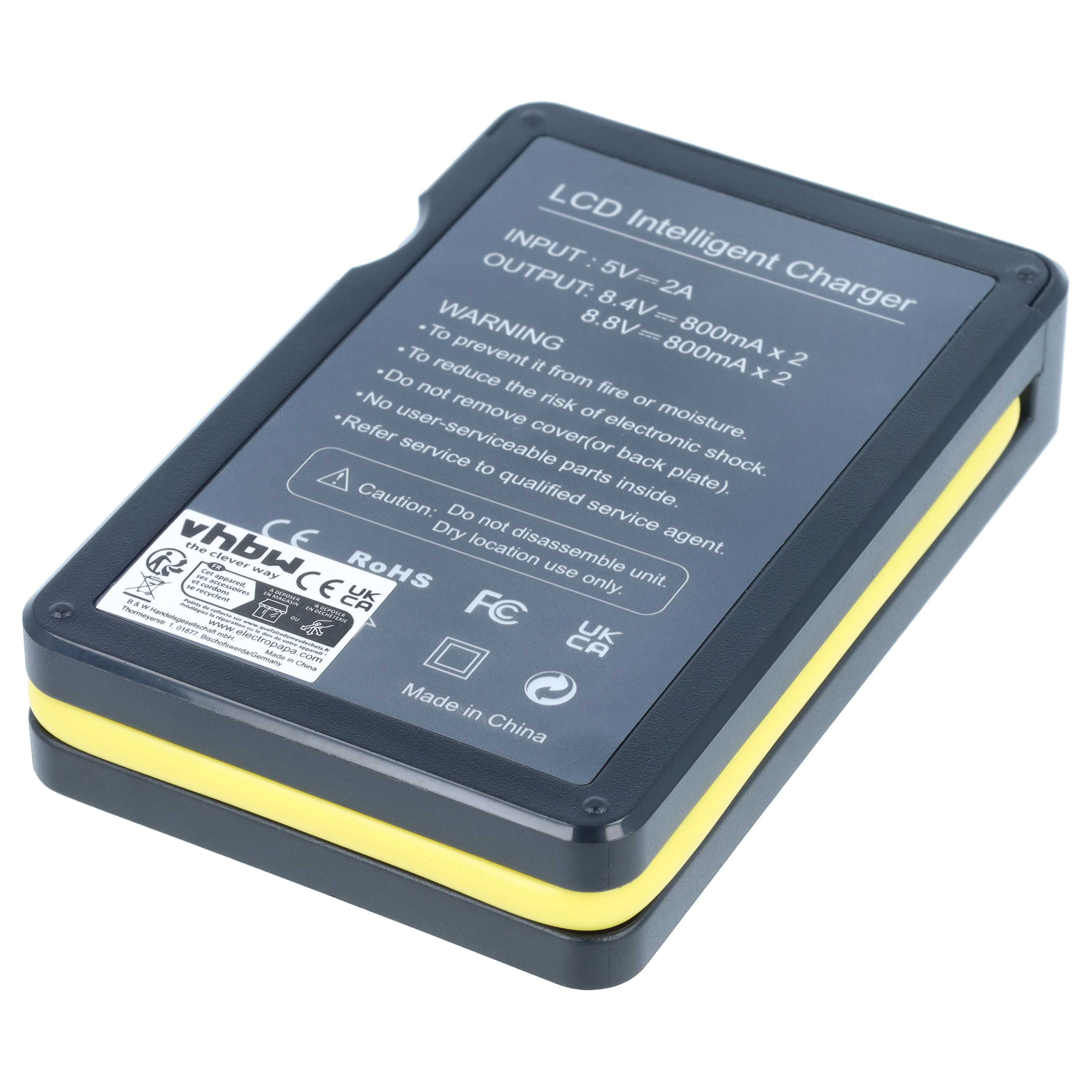 Ein schwarzes LCD-Intelligenz-Ladegerät mit gelbem Rand, das technische Daten und Warnhinweise zeigt.