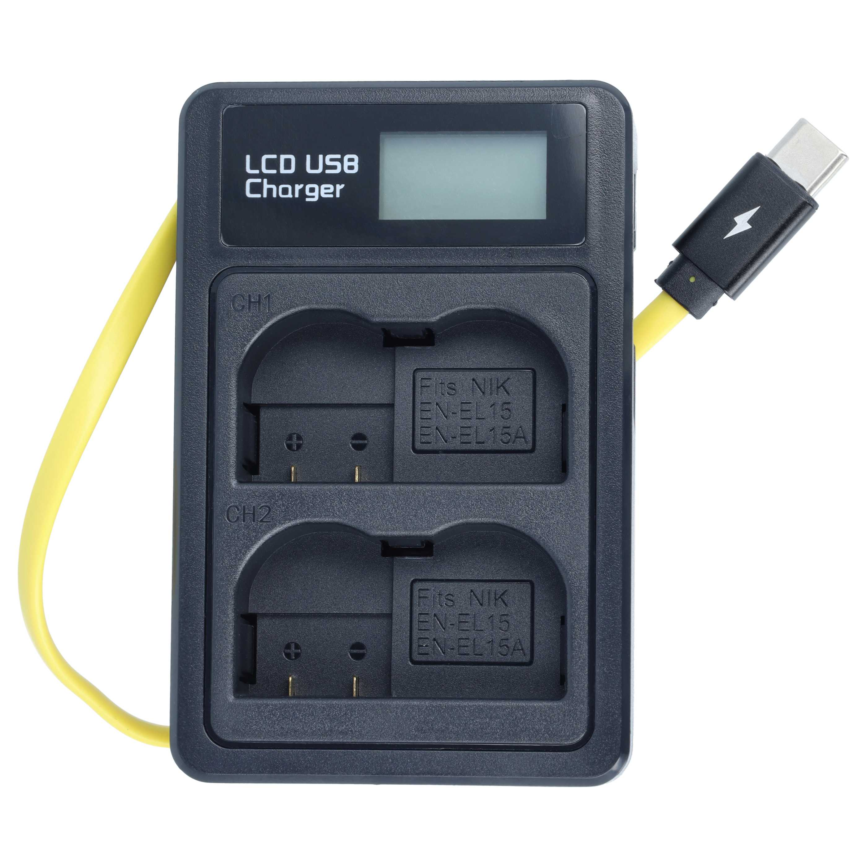 Schwarzes LCD-USB-Ladegerät mit zwei Steckplätzen und gelbem USB-C-Kabel.