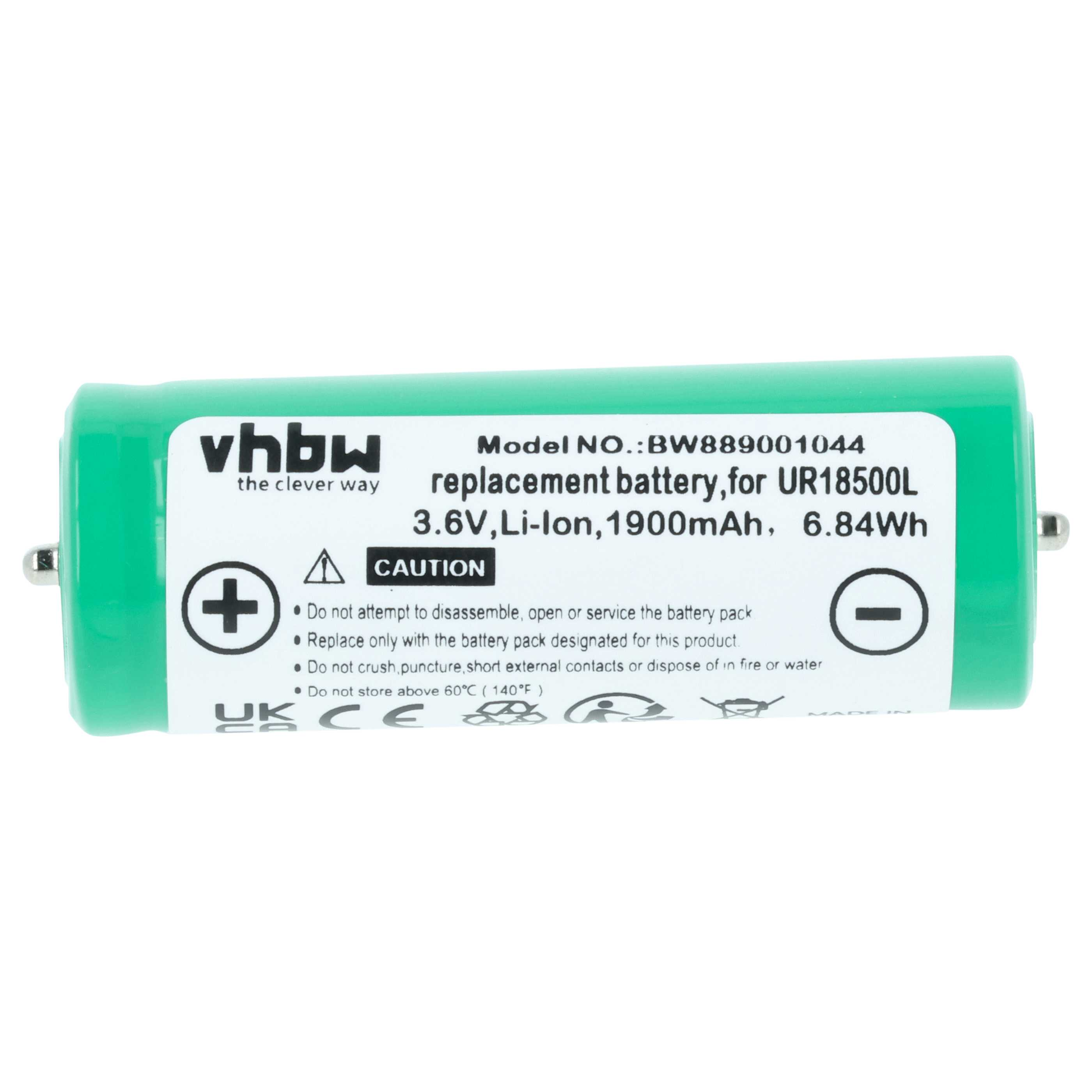 Eine grüne vhbw Ersatz-Li-Ion-Batterie mit Spezifikationen, Sicherheitshinweisen und Recyclingsymbolen.