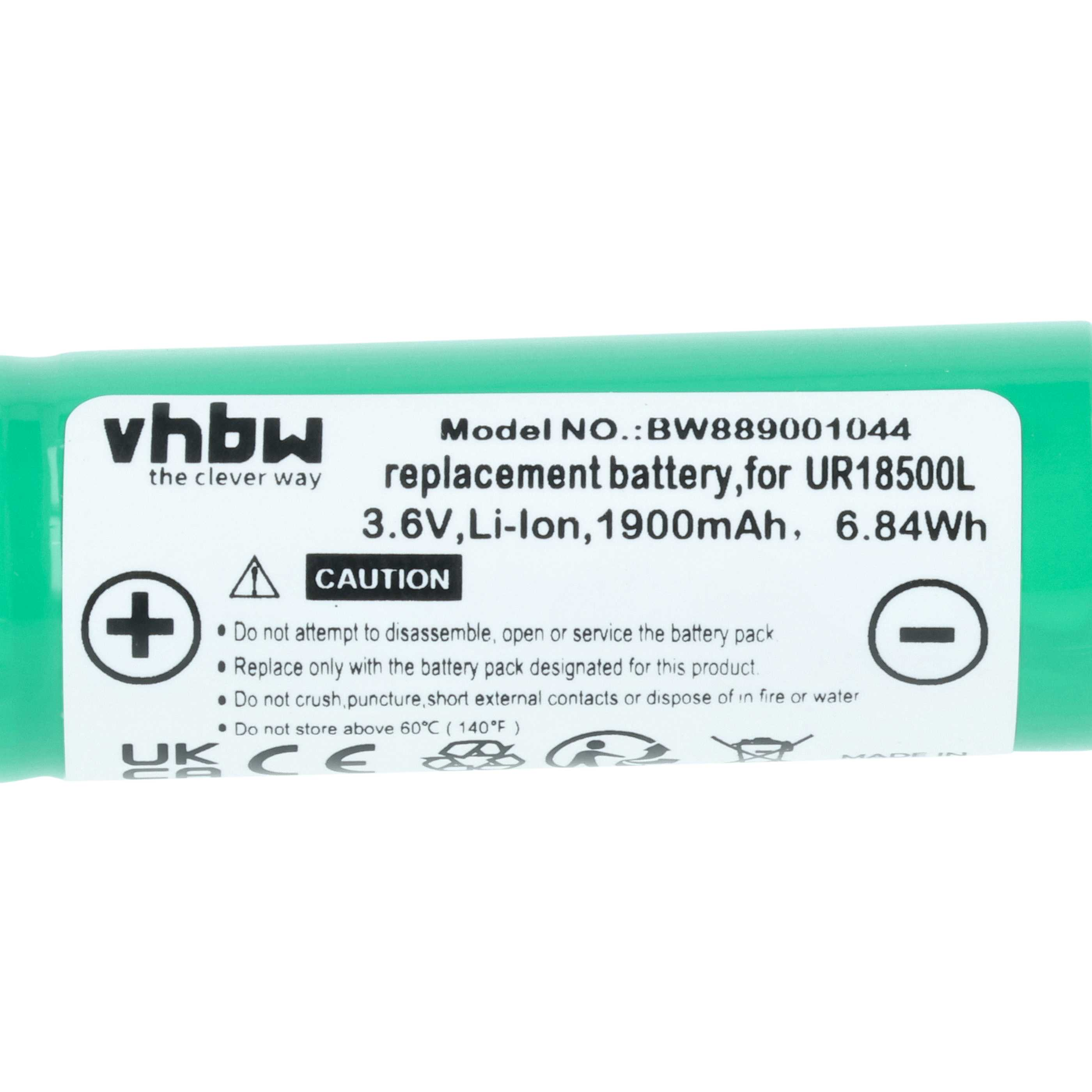Grüne vhbw Ersatzbatterie mit technischen Daten, Vorsortier- und Sicherheitshinweisen.