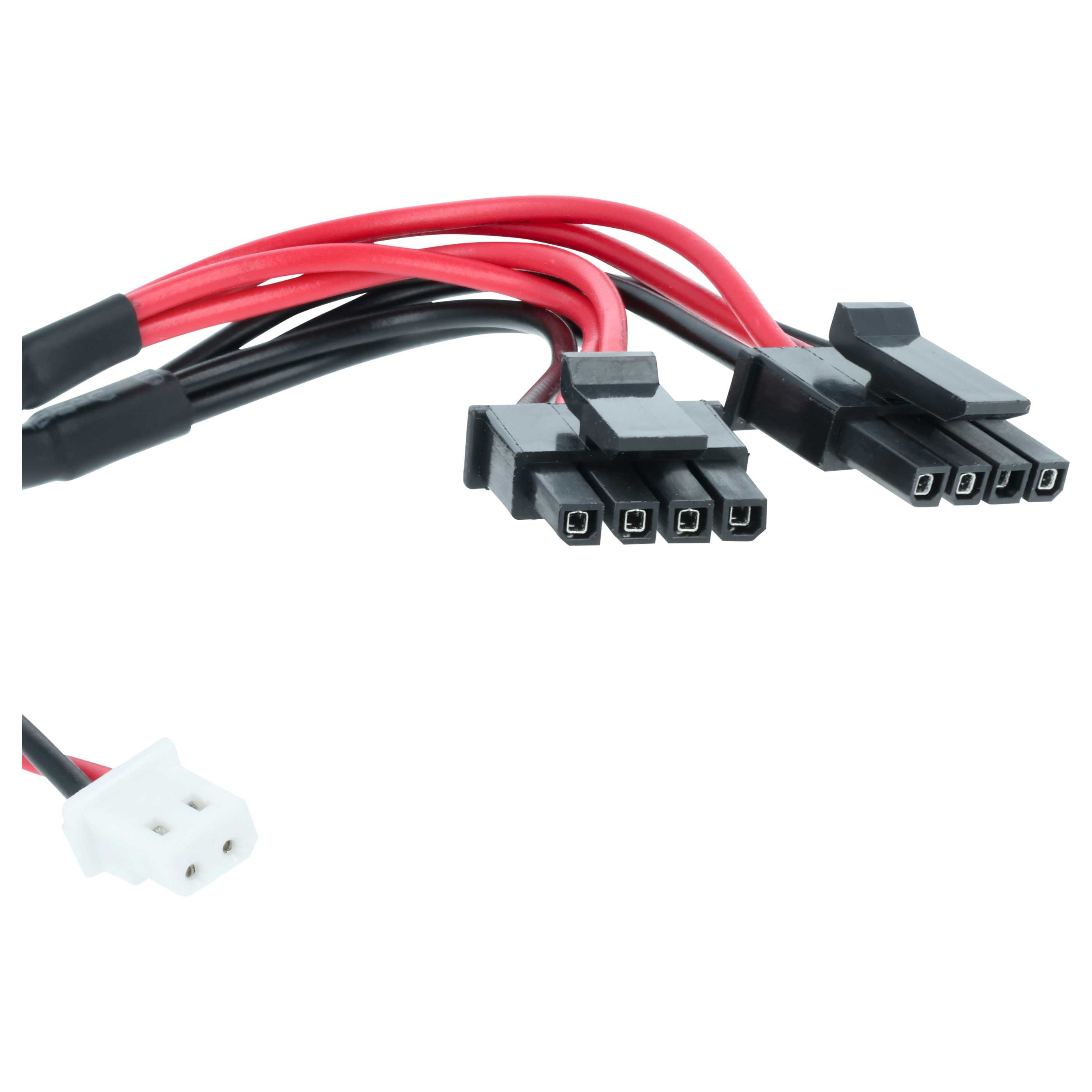 Stromkabel mit roten und schwarzen Drähten, zwei schwarzen Steckern und einem weißen Stecker.