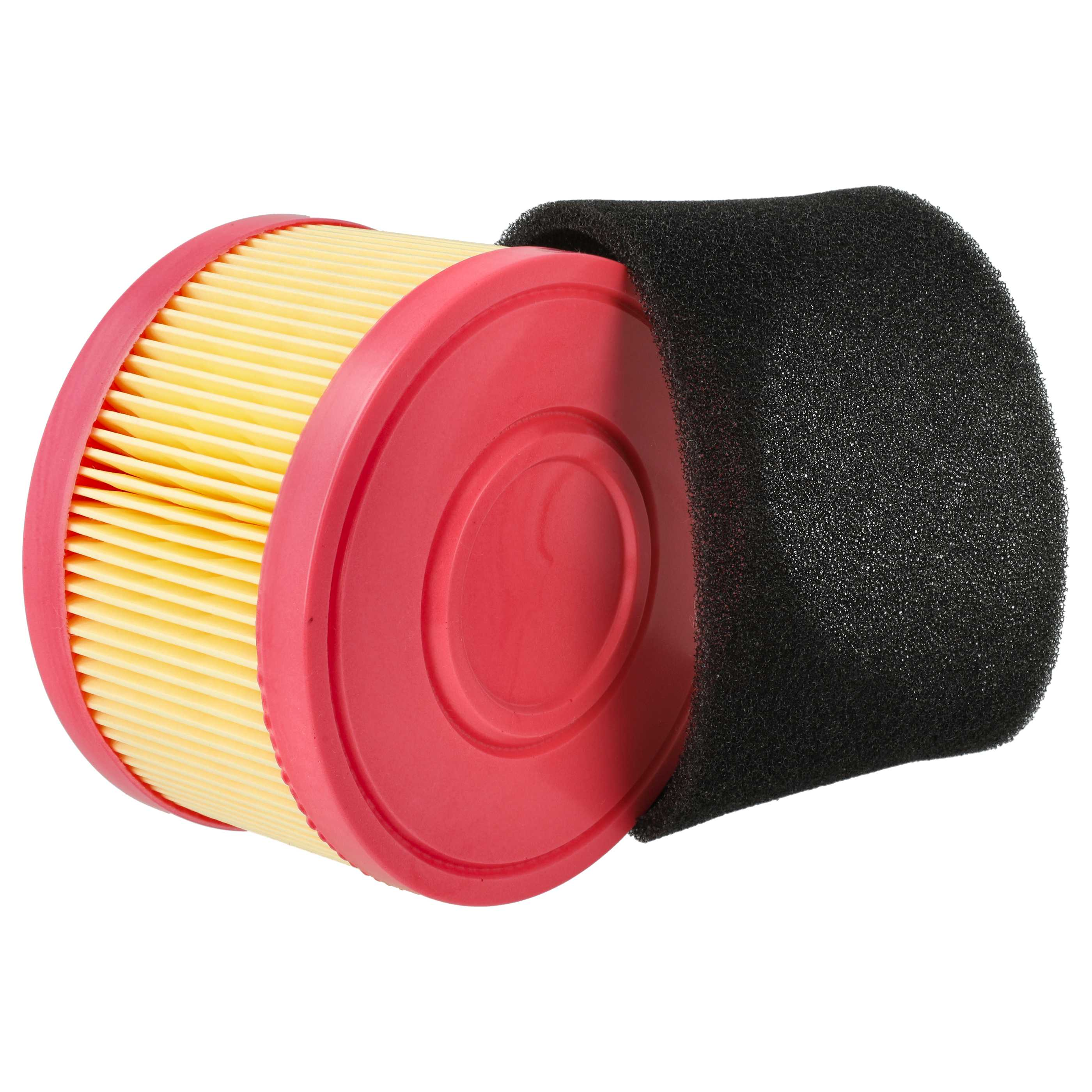 Zylinderförmiger Luftfilter mit rotem Rand und schwarzem Schaumstoffelement auf weißem Hintergrund.