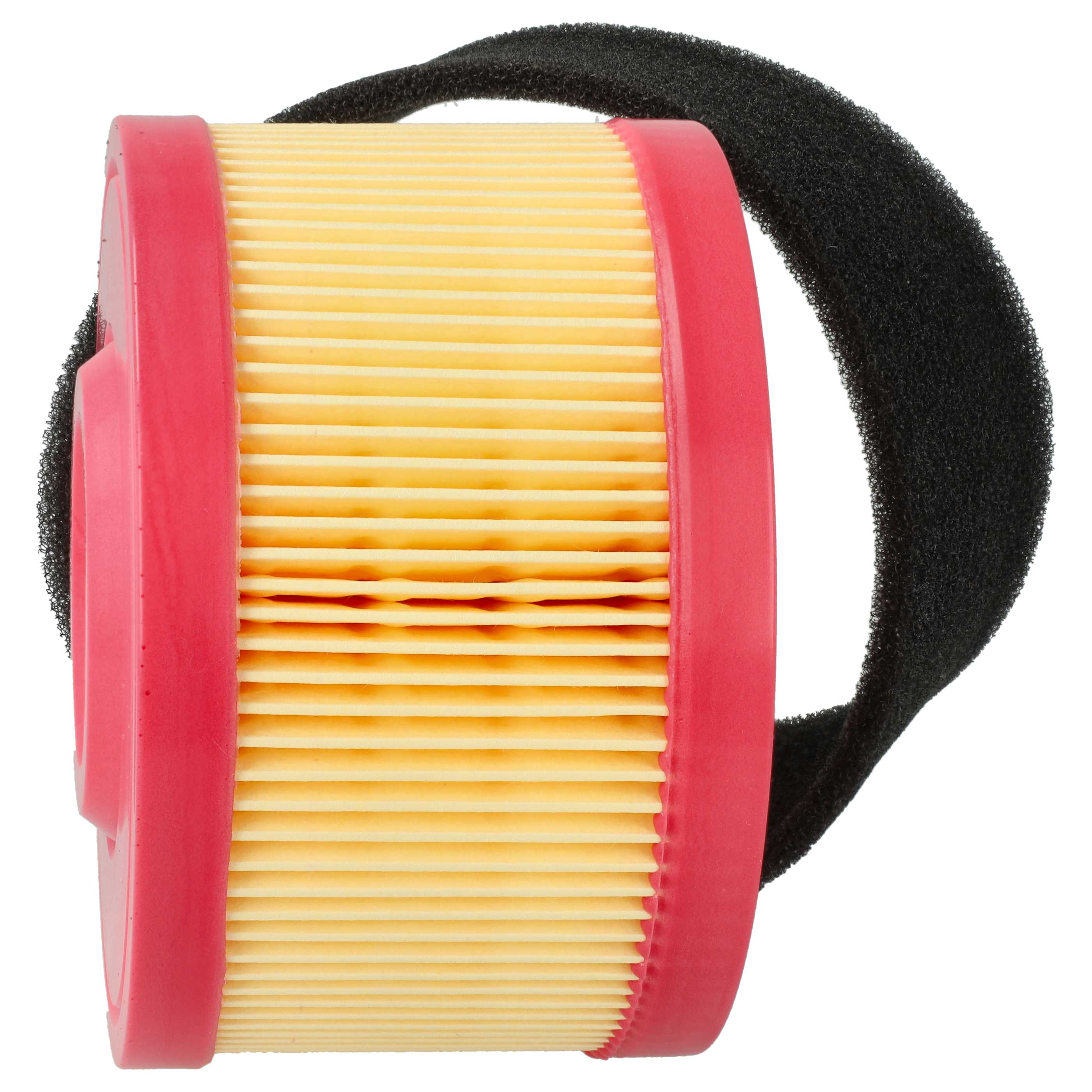 Zylindrischer gelber Papierluftfilter mit roten Enden und schwarzem Schaumstoffring.