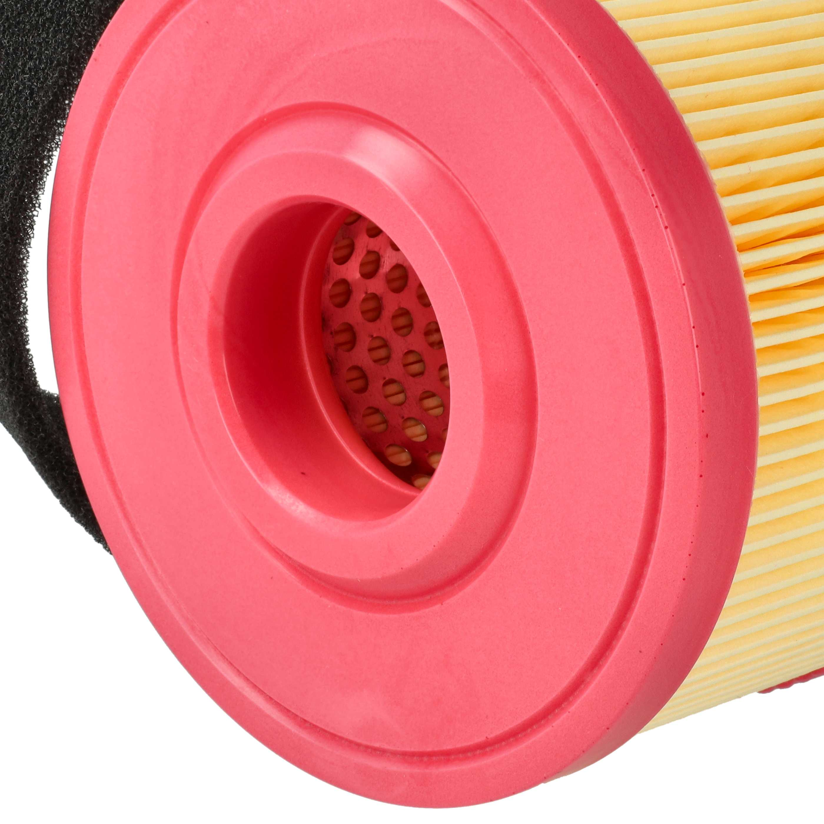 Ein zylindrischer Luftfilter mit einem rosa Rand, gelben Falten und einem Metallgitter innen.