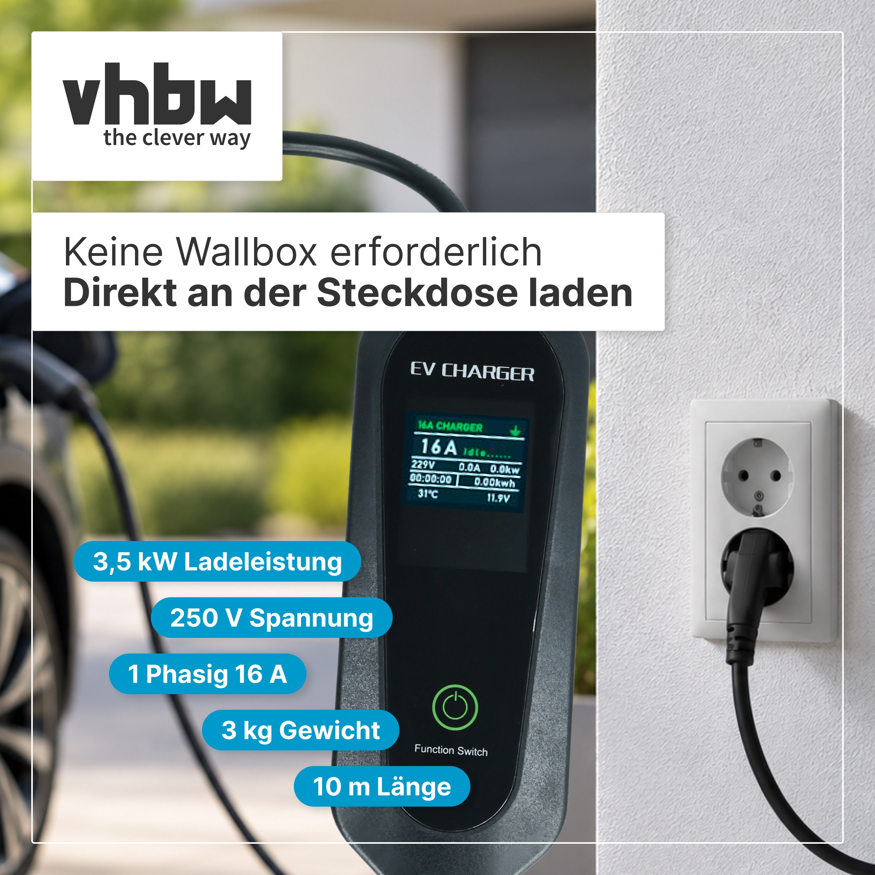 EV-Ladegerät mit Bildschirm, das direkt an eine Steckdose angeschlossen ist, mit Produktfeatures.