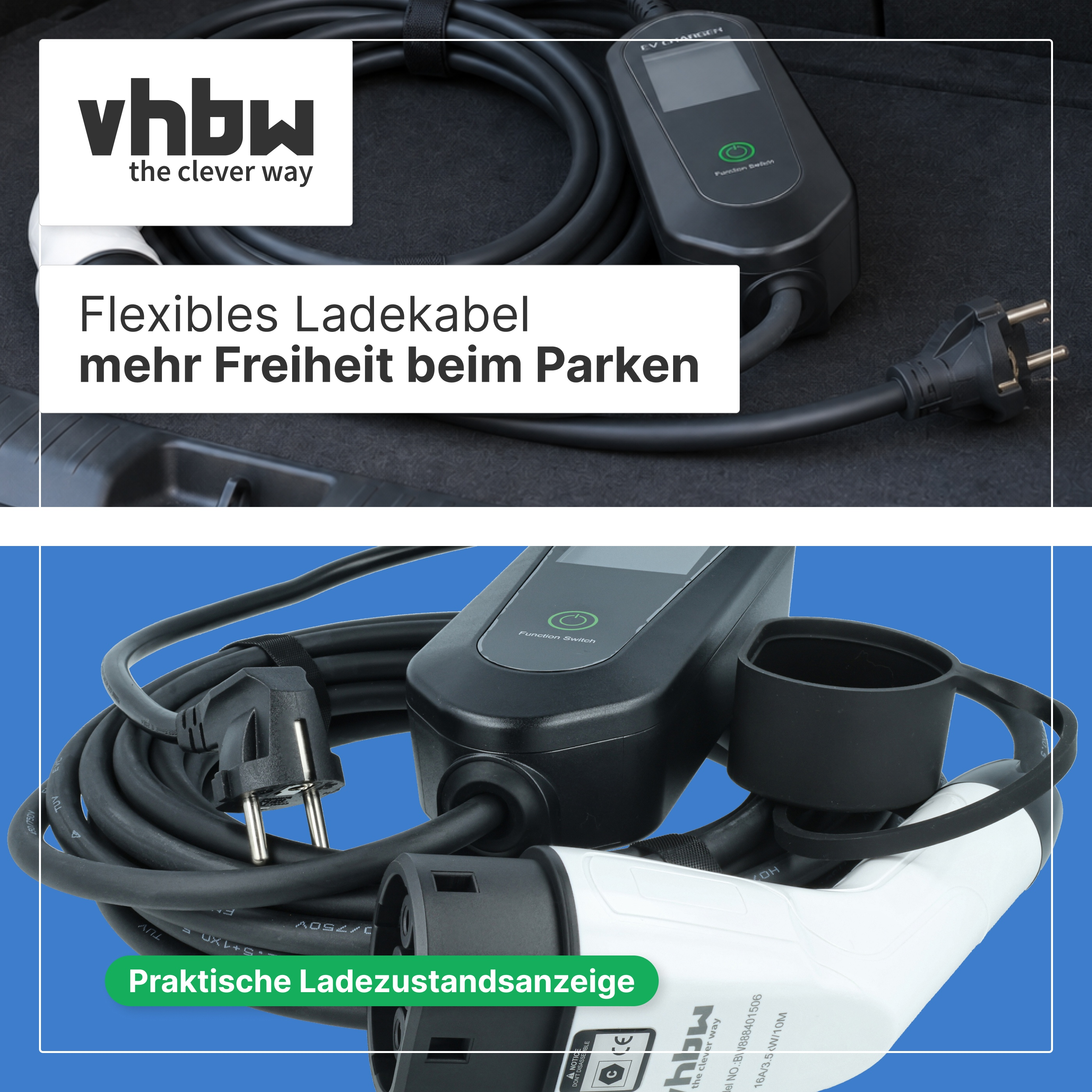 Ein gerolltes EV-Ladeanschlusskabel mit Display-Einheit und Steckern.