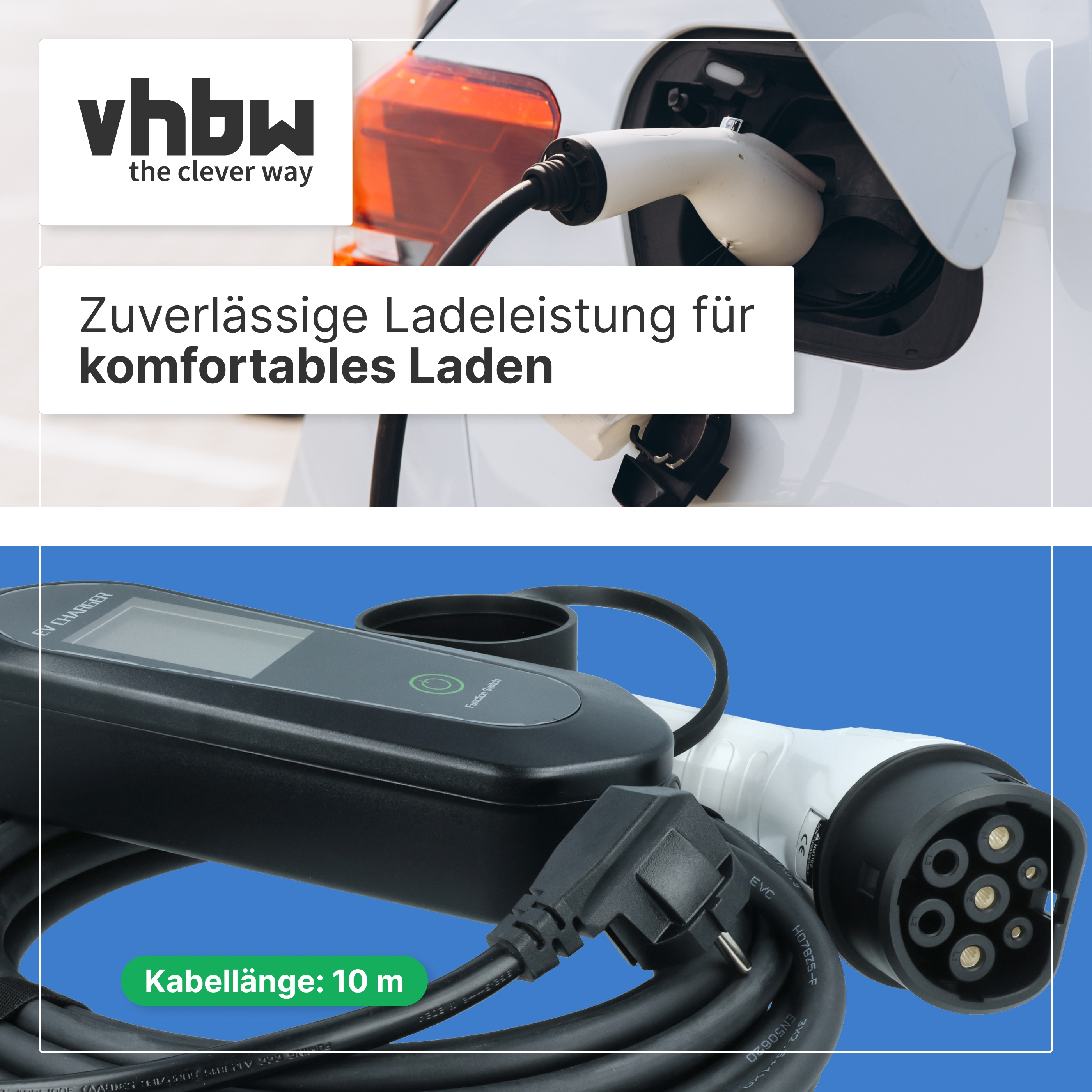 Ein weißes Elektroauto wird geladen, unten ein schwarzes Ladekabel mit Display auf blauem Grund.