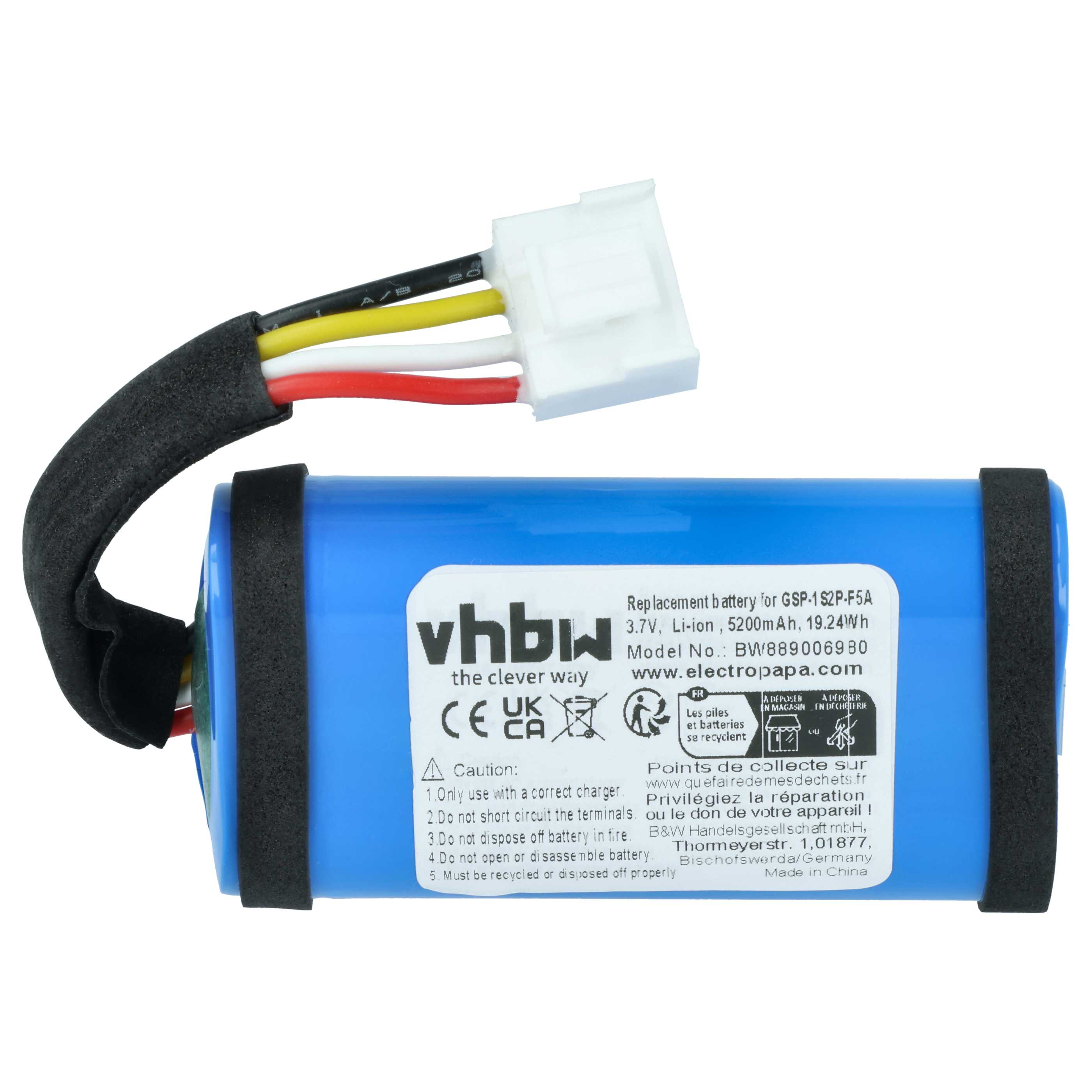 Eine blaue vhbw-Lithium-Ionen-Ersatzbatterie mit vierfarbigen Kabeln und weißem Stecker auf weißem Hintergrund.