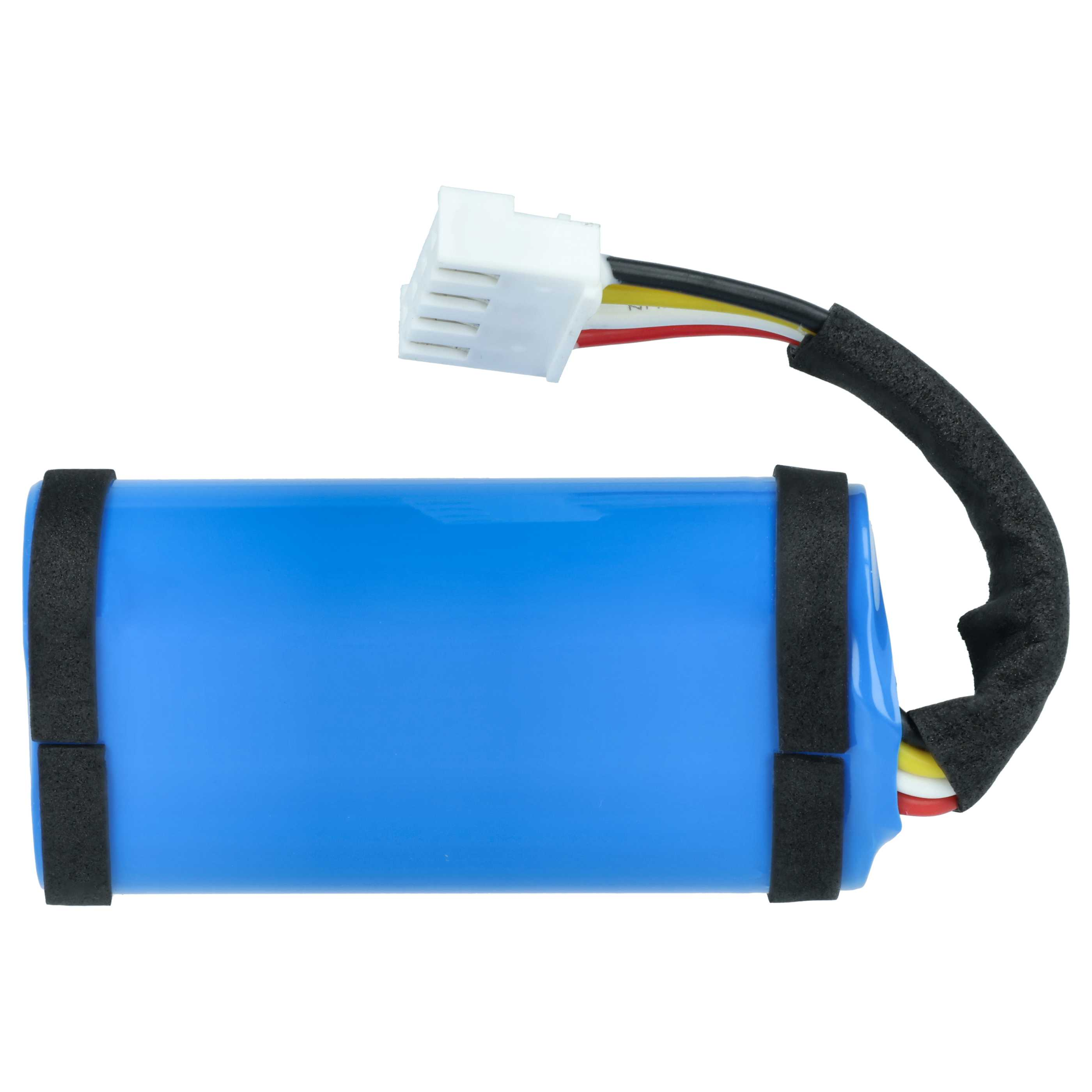 Ein blauer zylindrischer Akku mit schwarzen Schaumstoffstreifen und einem weißen Stecker.
