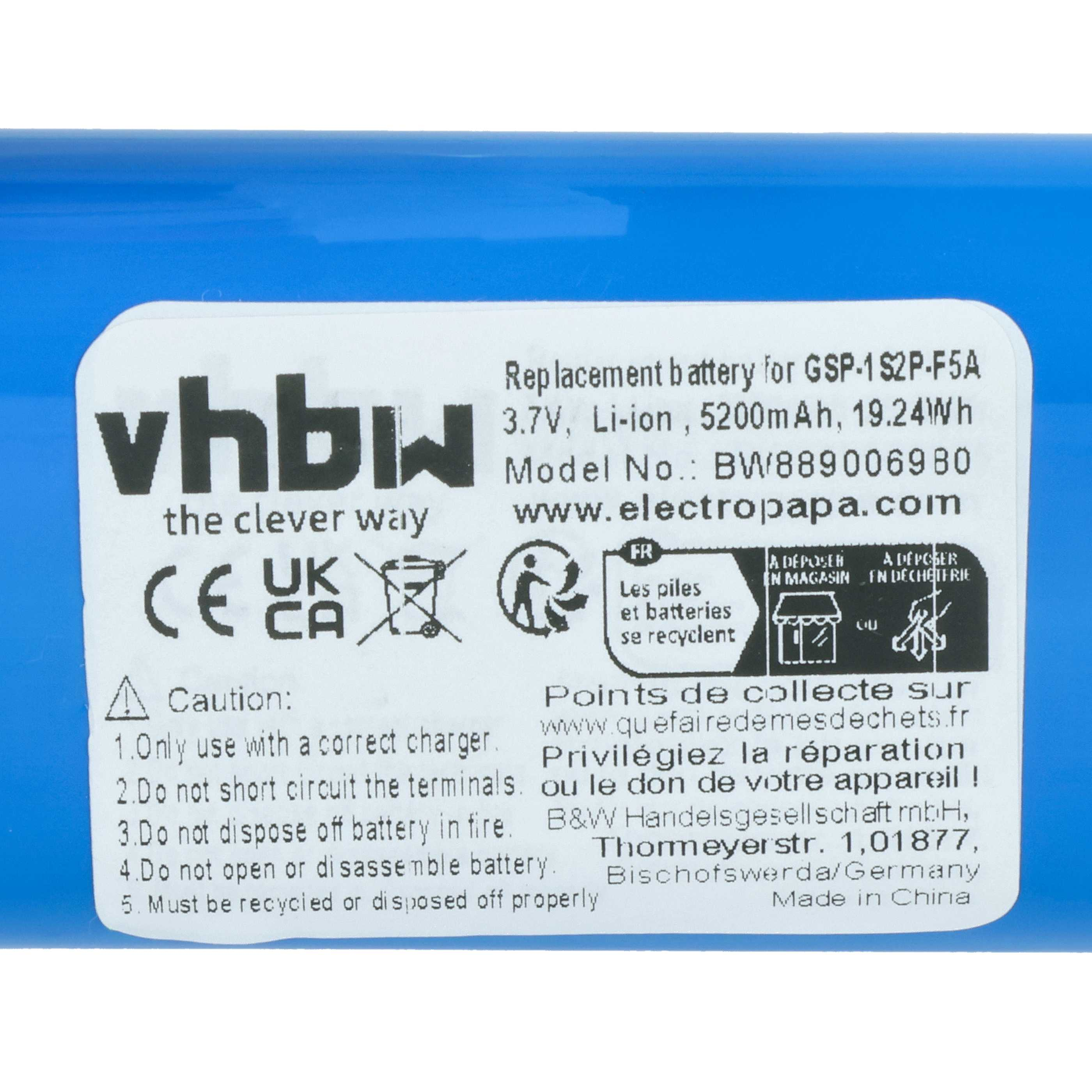 Etikett auf blauem Akku mit vhbw-Logo, technischen Daten, Warnhinweisen und Recyclingsymbolen.