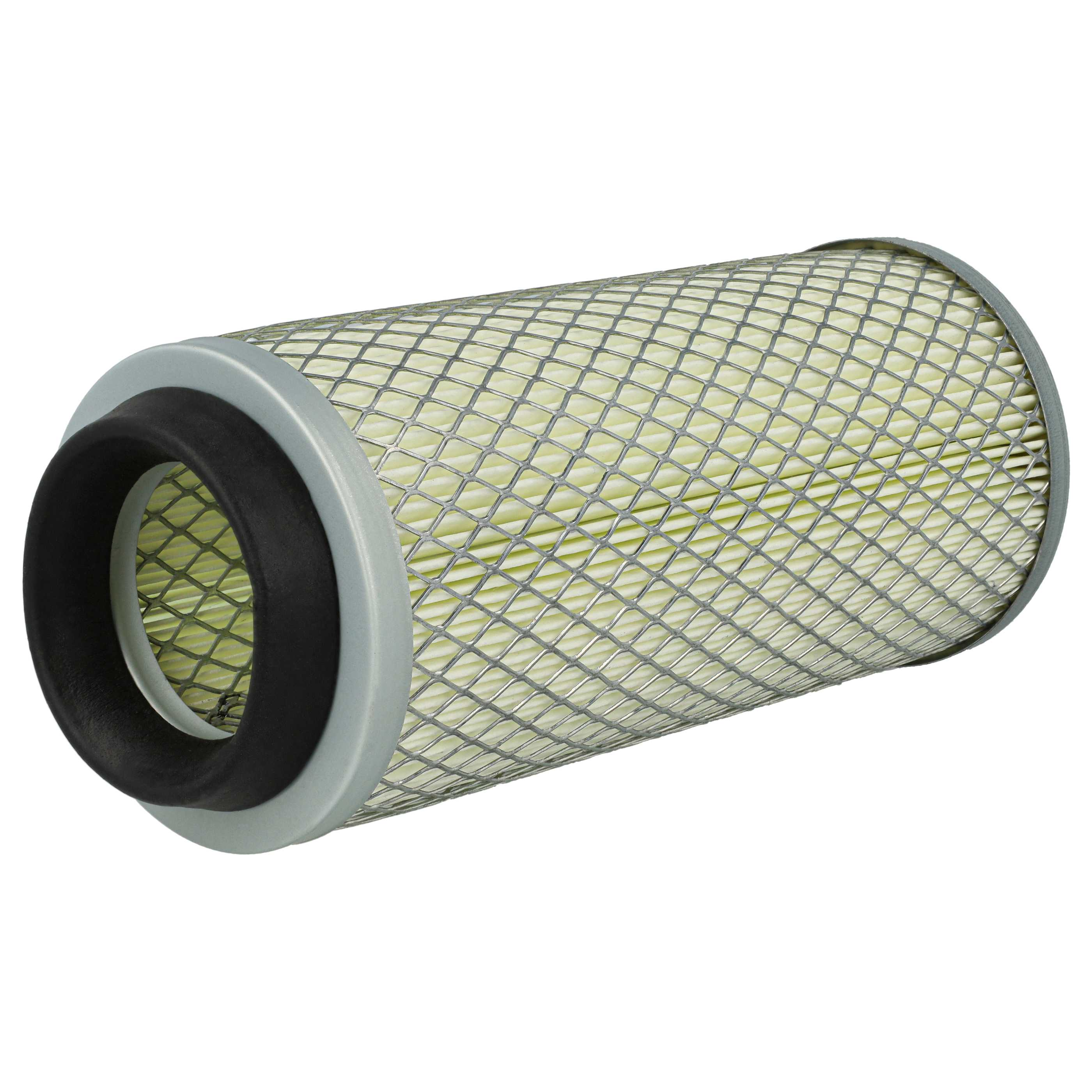 Ein zylindrischer Luftfilter mit Metallgitter, Faltenfilterelement und einer schwarzen Gummidichtung.