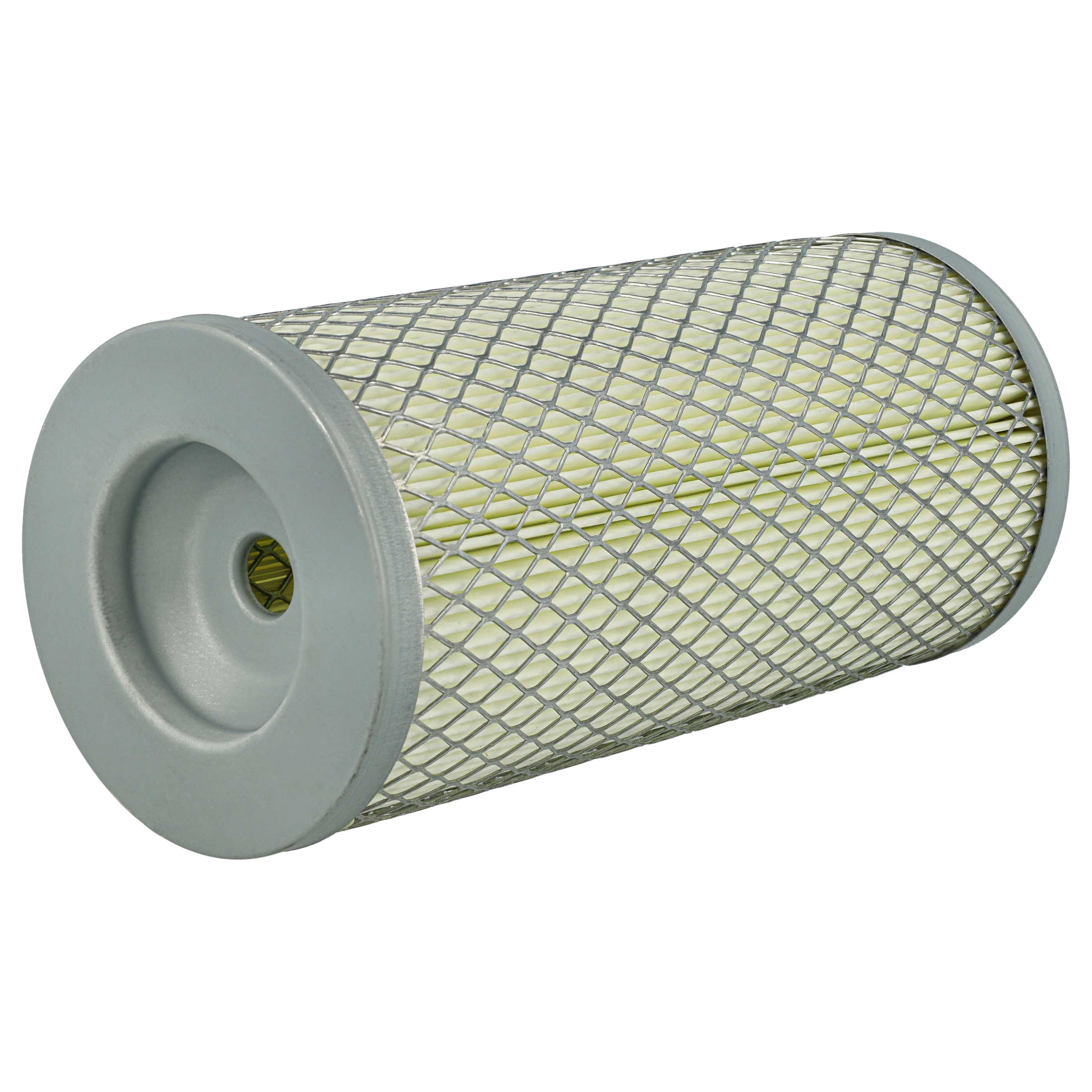 Ein zylindrischer Luftfilter mit grauen Metallkappen und einem rautenförmigen Schutzgitter vor weißem Hintergrund.
