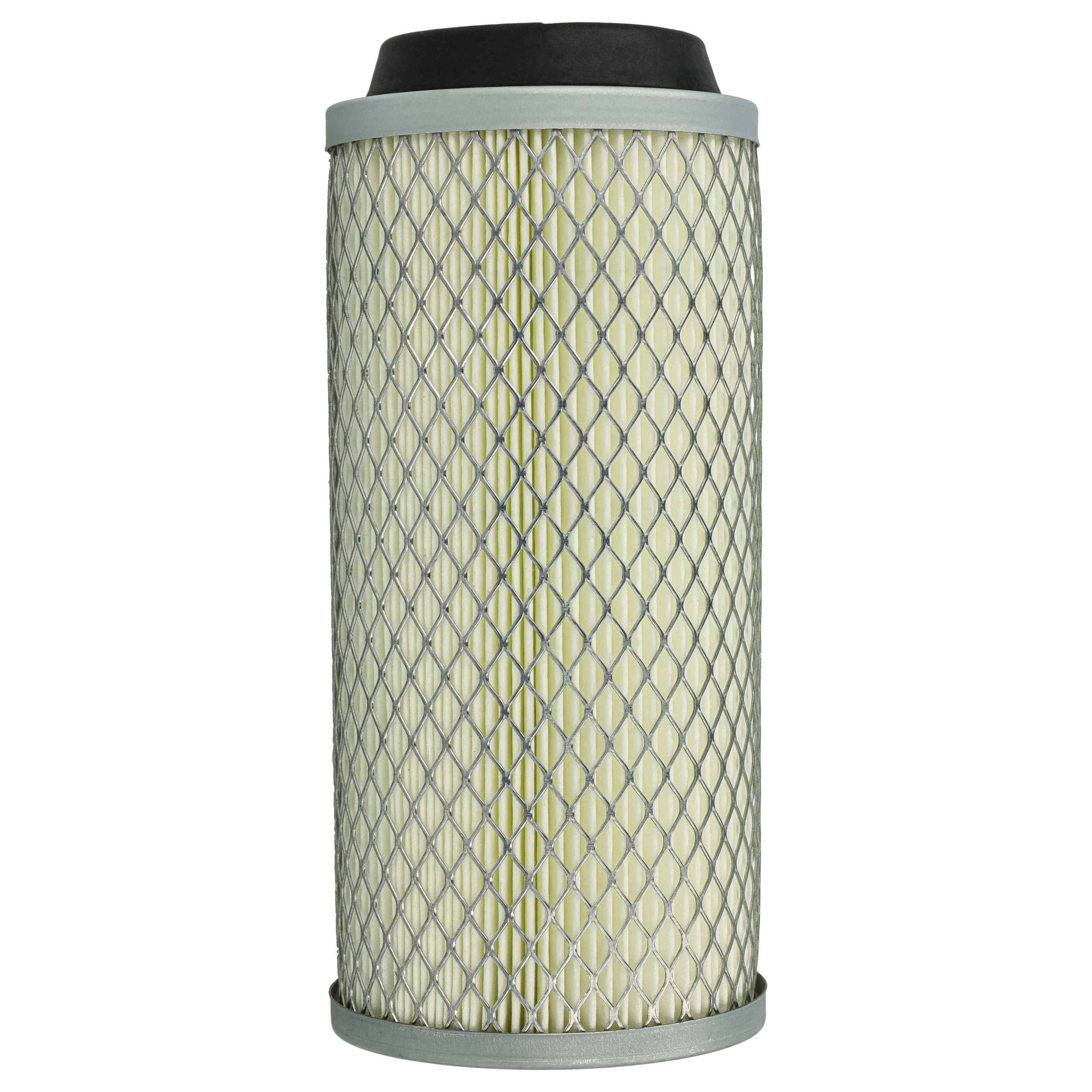 Zylindrischer Luftfilter mit Metallgitter, Faltenpapier und schwarzer Kappe auf weißem Hintergrund.
