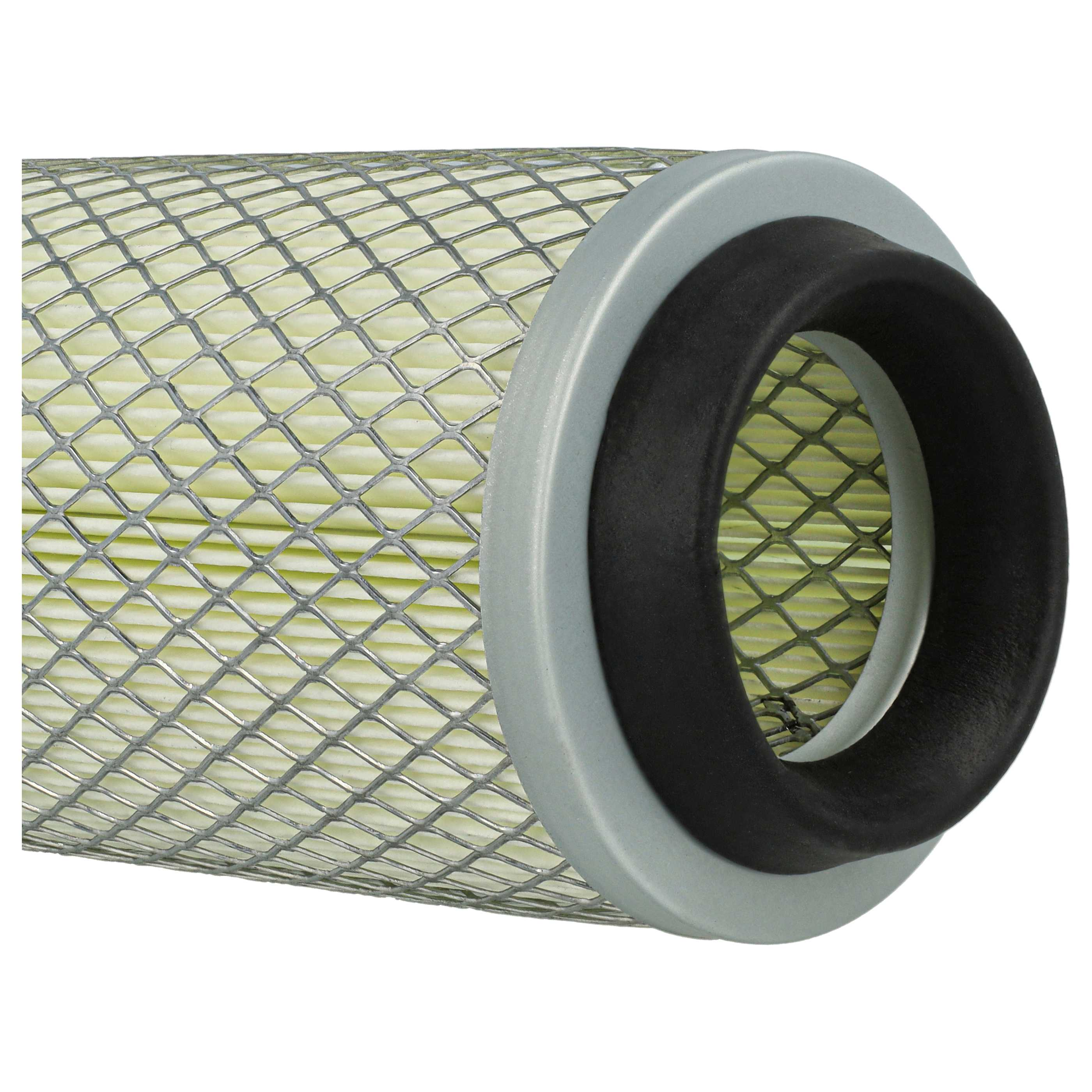 Ein zylindrischer Luftfilter mit Metallgitter, grauer Endkappe und schwarzer Gummidichtung.