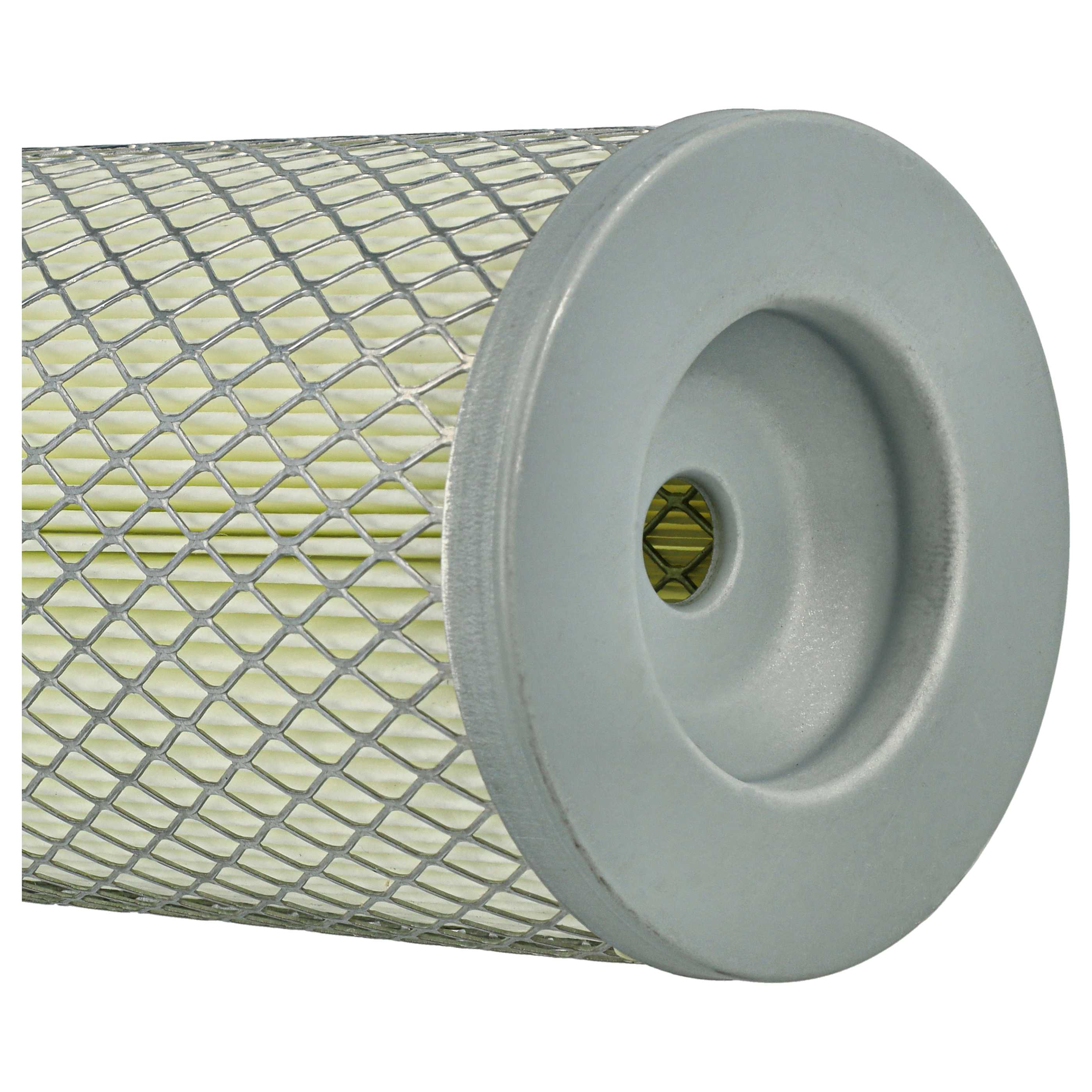 Zylindrischer Luftfilter mit grauem Metallgehäuse und gelbem Filtereinsatz.