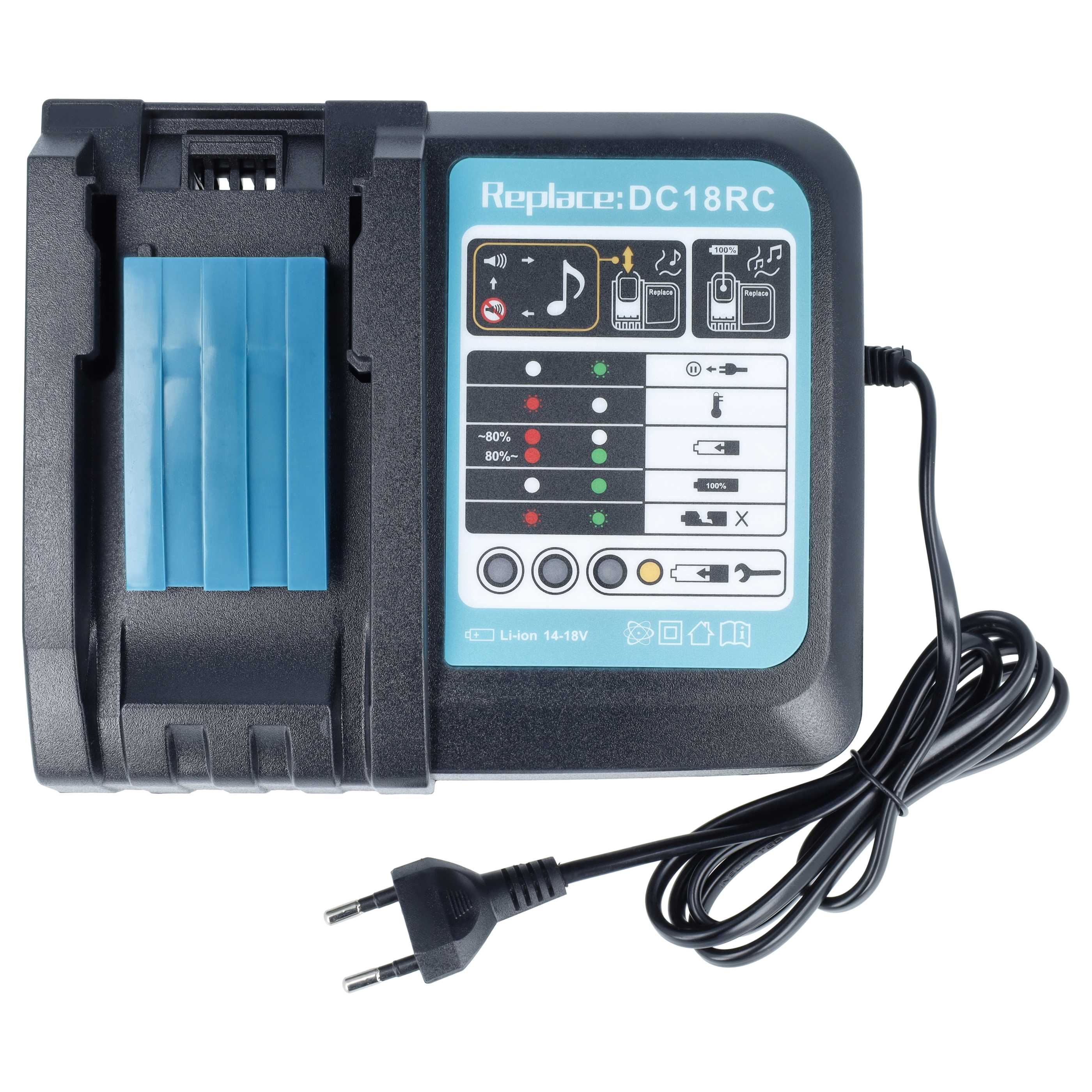 Schwarzes Li-Ionen-Akku-Ladegerät DC18RC mit blauem Label, LED-Anzeigen und angeschlossenem Netzkabel.