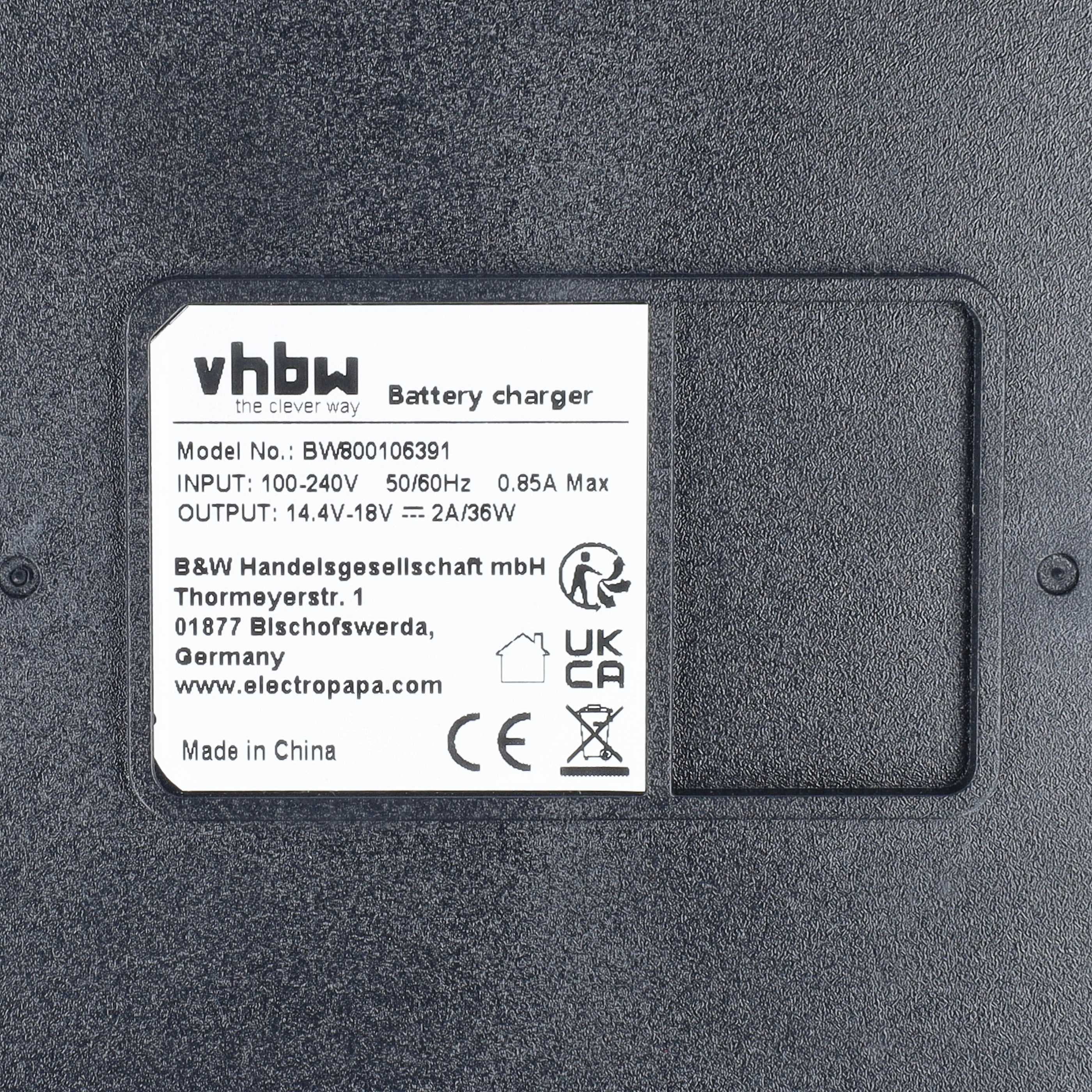 Etikett auf einem schwarzen Batterieladegerät mit Modellnummer, technischen Daten und Herstellerdetails.