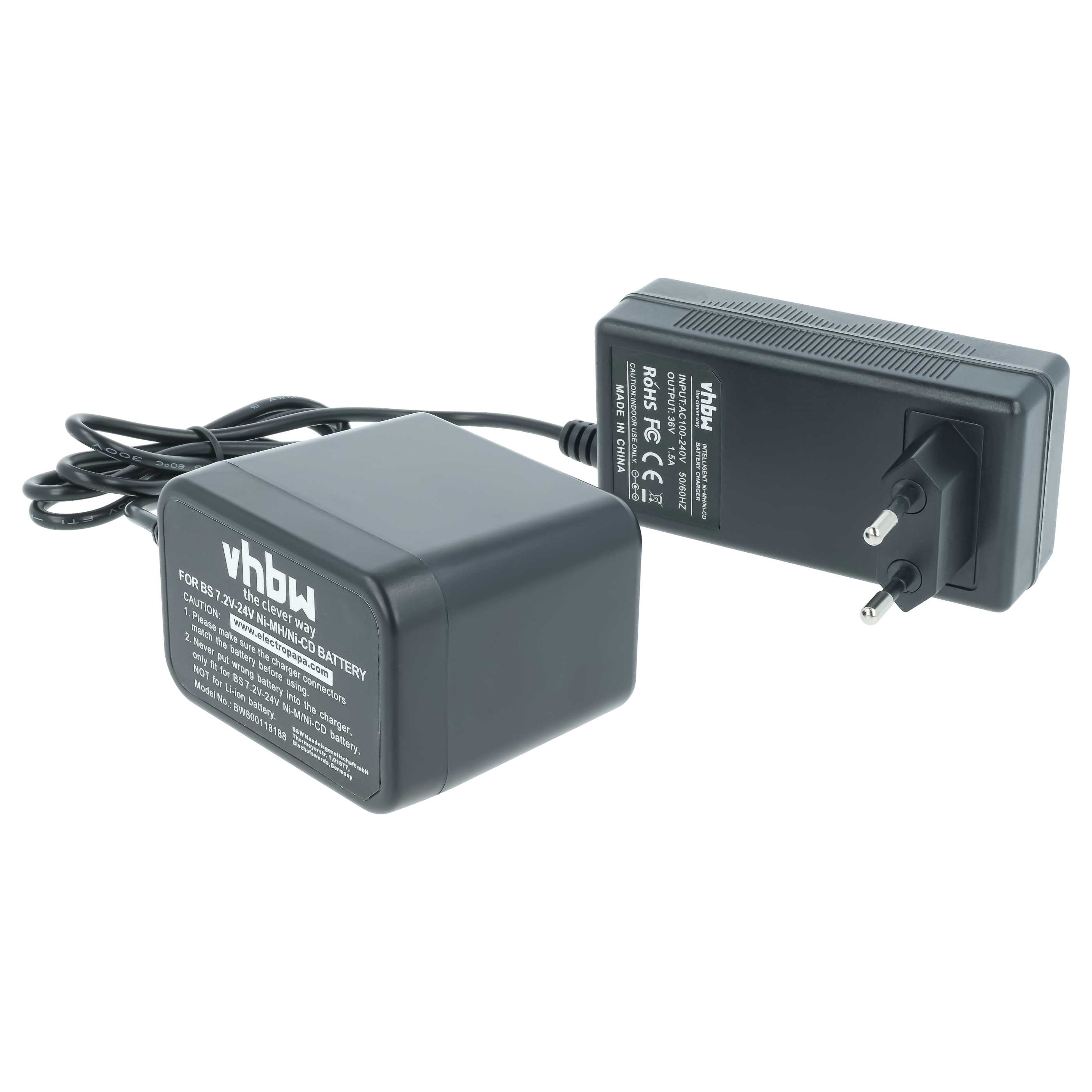 Ein schwarzes vhbw Akkuladegerät mit Netzstecker und Kabel auf weißem Hintergrund.