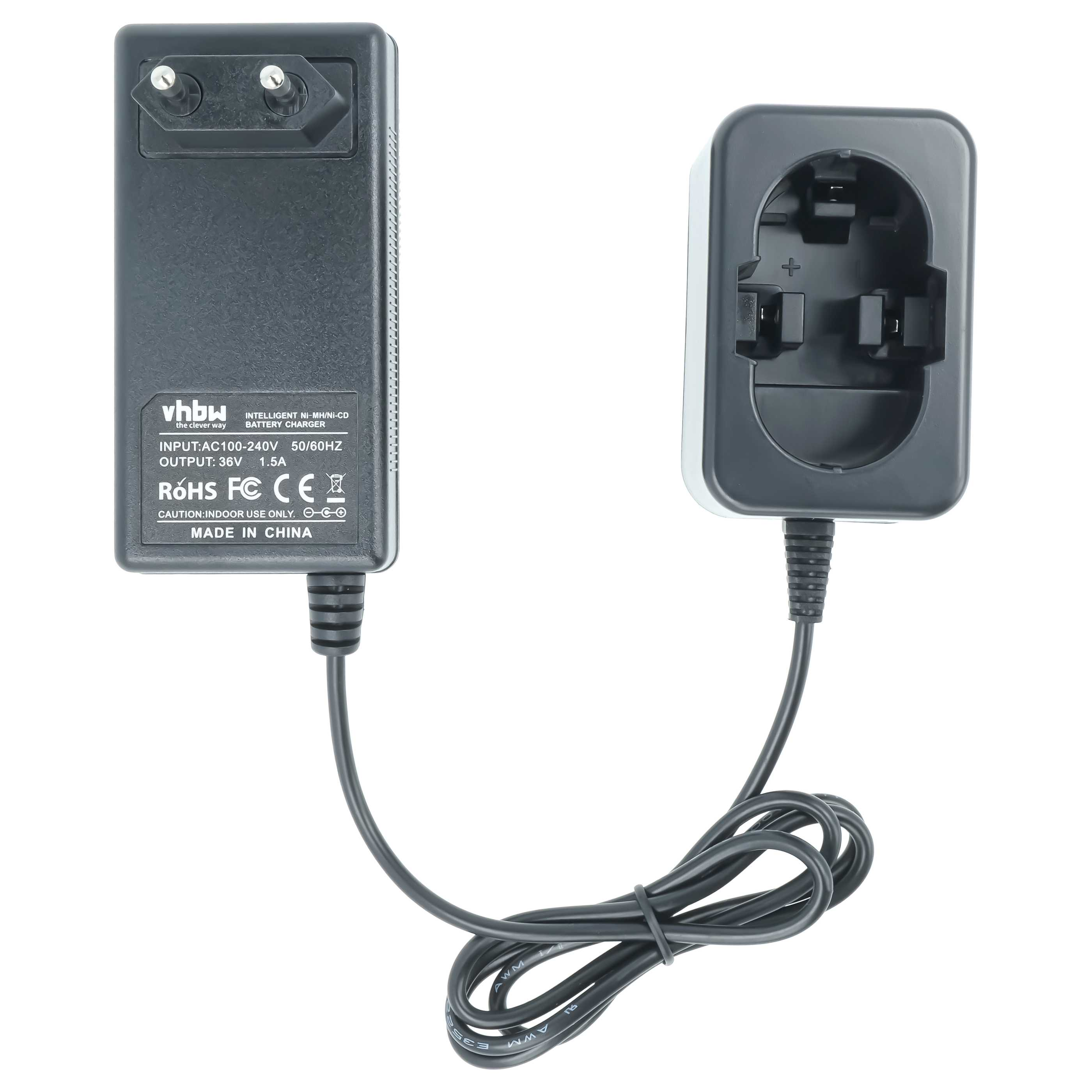 Schwarzes vhbw Akkuladegerät mit Netzstecker, Kabel und Ladeschale.