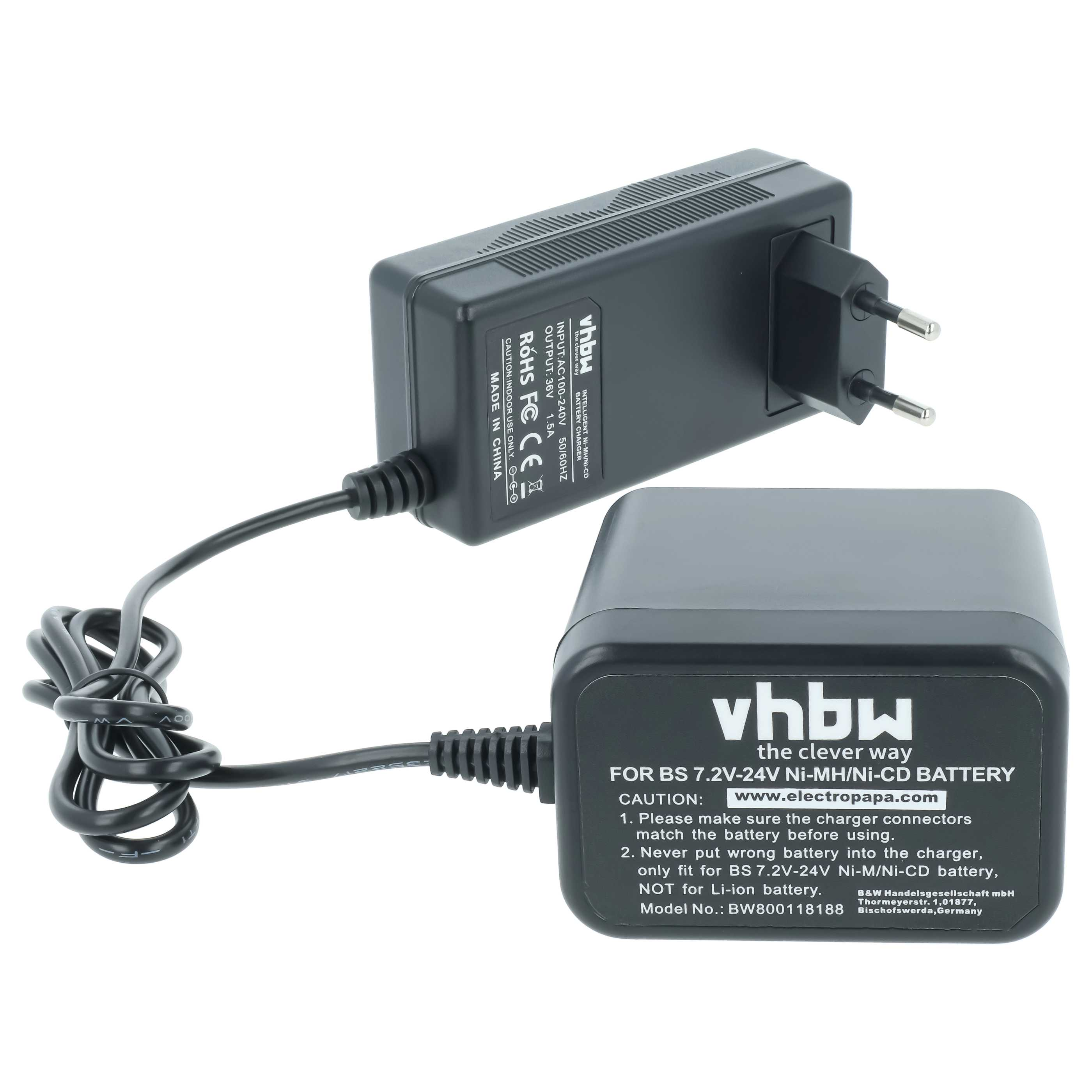 Schwarzes vhbw Akkuladegerät für BS 7.2V-24V Ni-MH/Ni-CD Batterien mit integriertem EU-Stecker und Kabel.