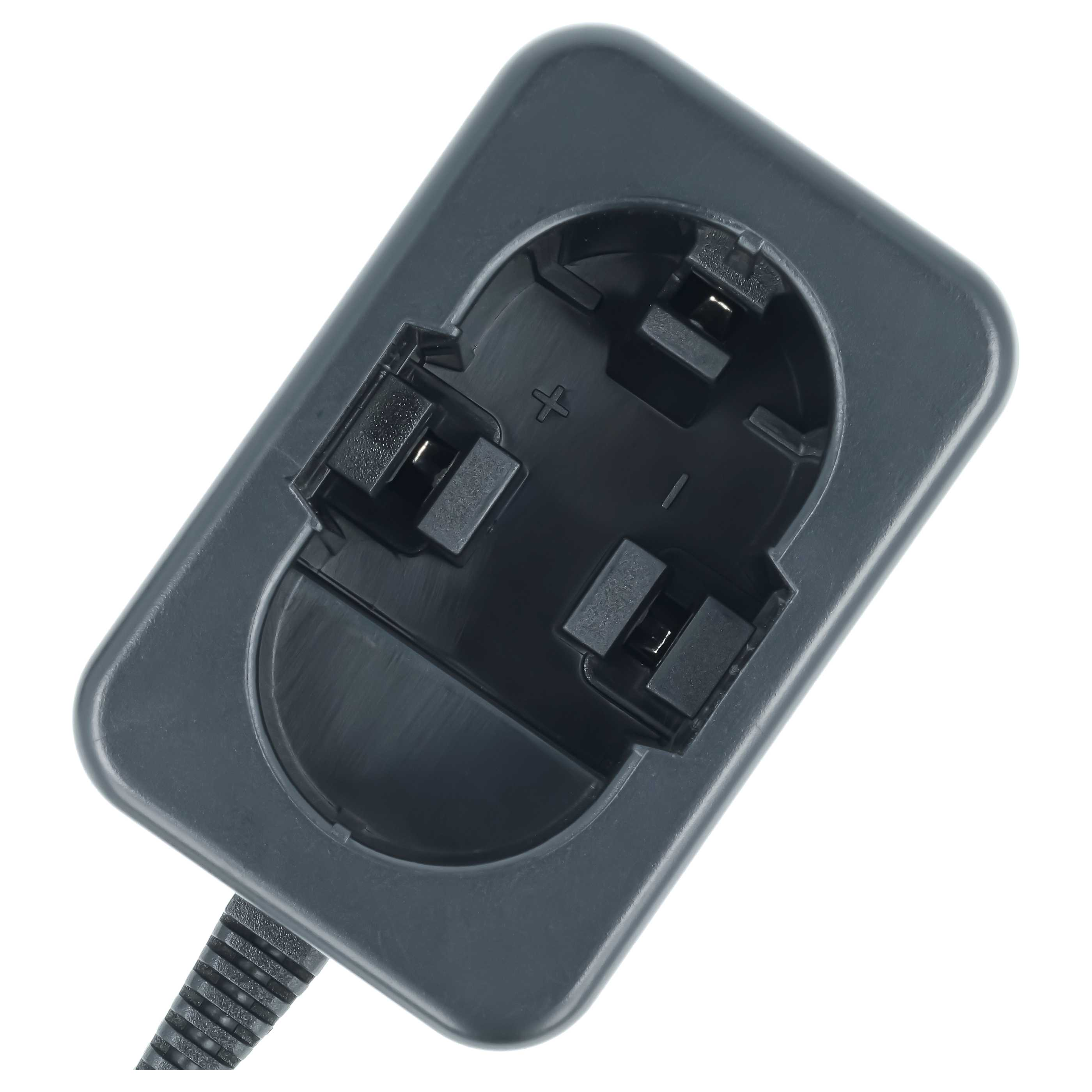 Ansicht von oben eines dunkelgrauen Batterieladegeräts mit schwarzem Kabel vor weißem Hintergrund.
