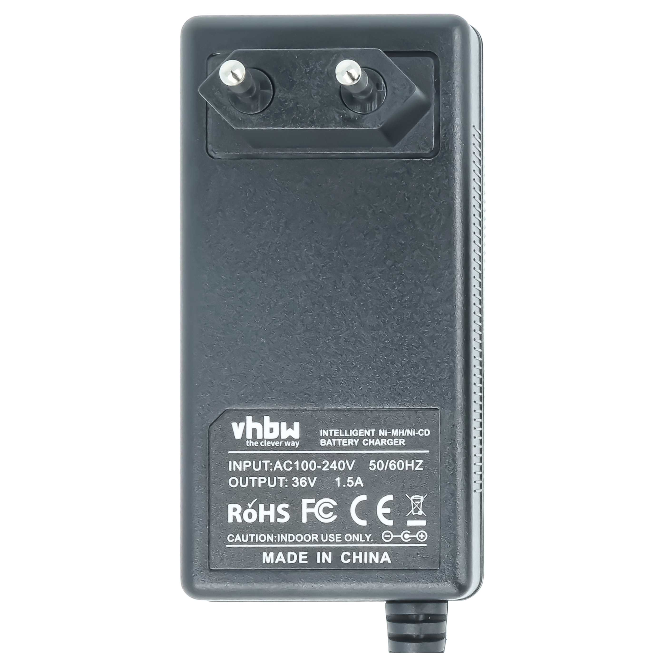 Schwarzes vhbw Akkuladegerät mit EU-Stecker, technischen Daten und CE-Kennzeichnung.