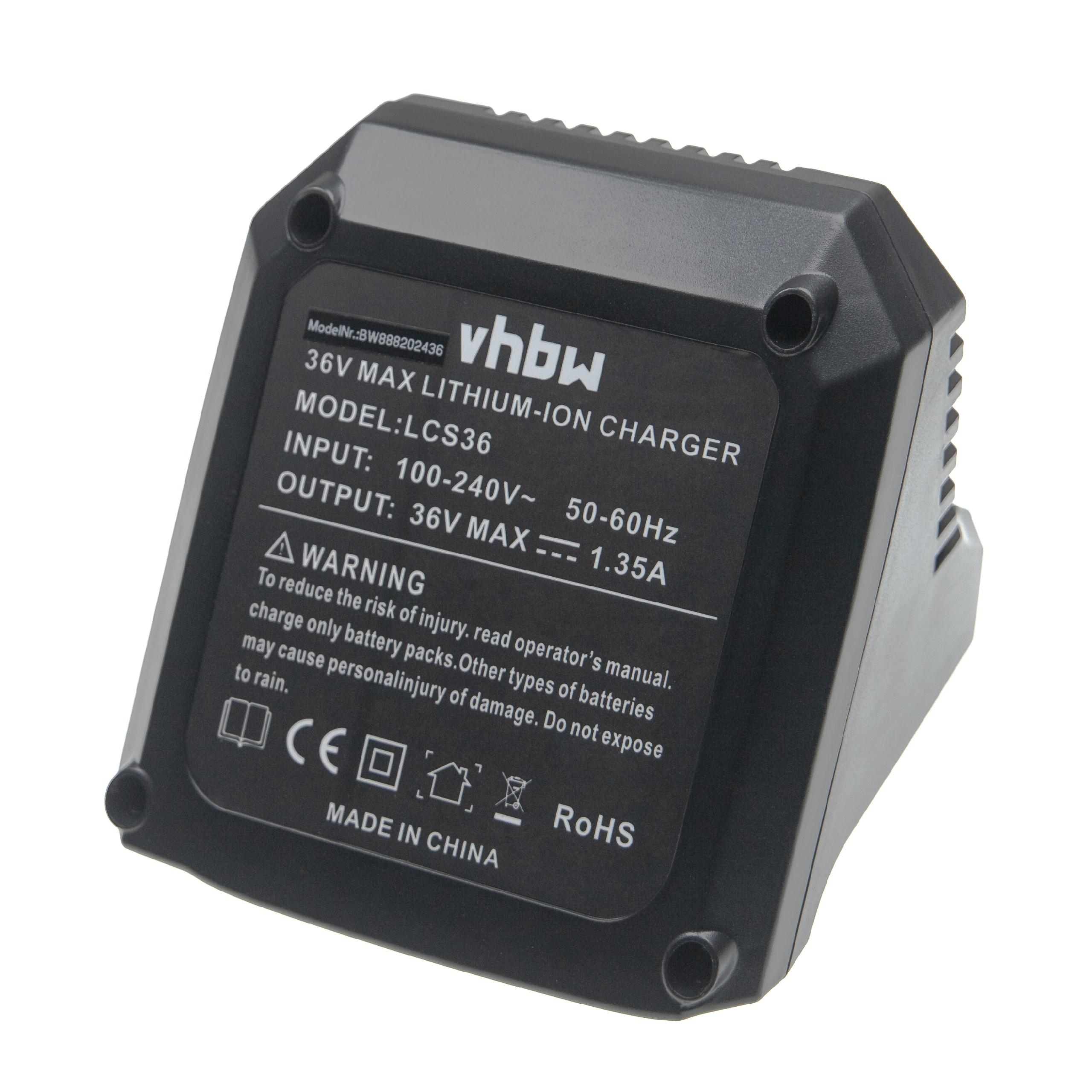 Schwarzes vhbw 36V Lithium-Ionen-Ladegerät mit technischen Daten und Warnhinweisen auf dem Etikett.