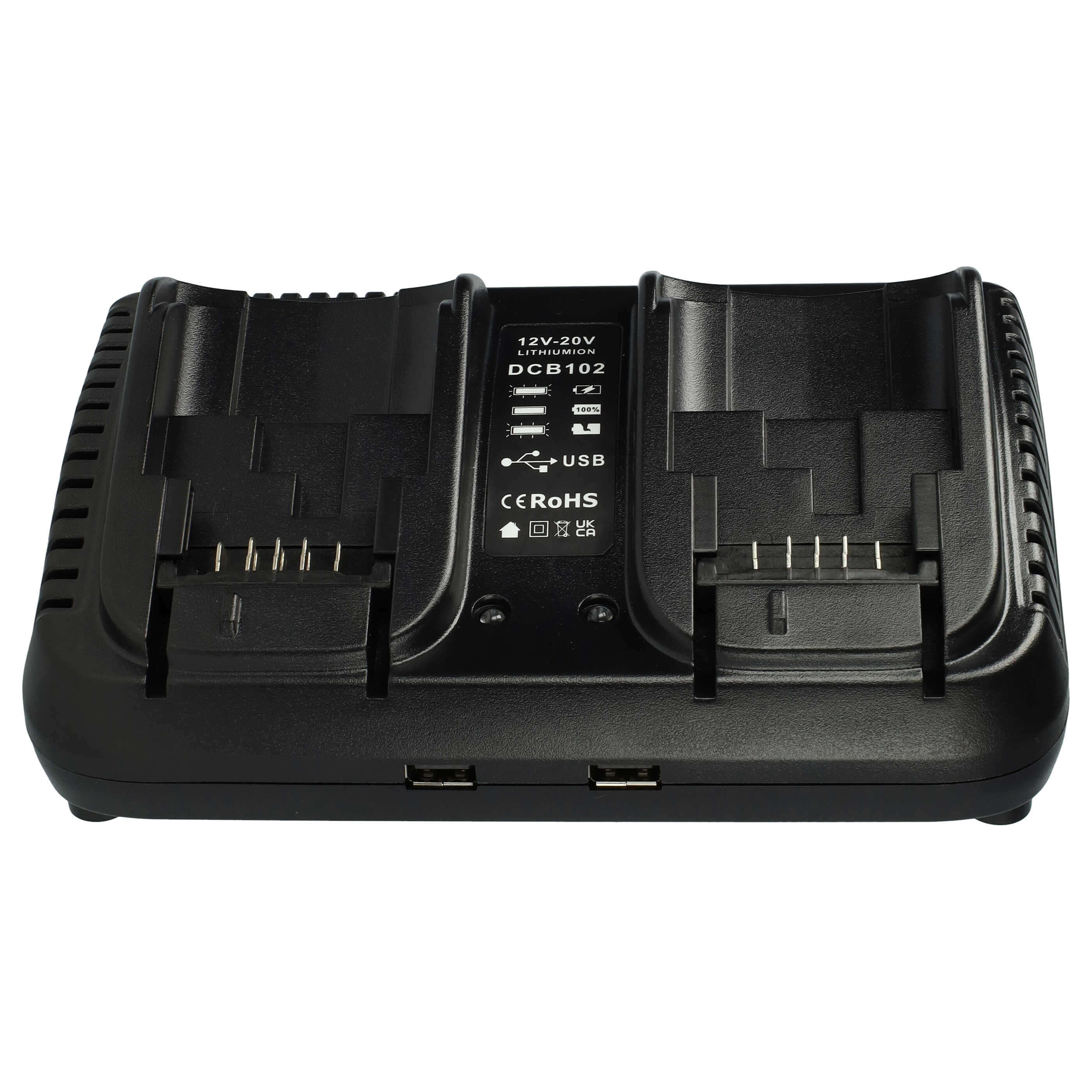 Ein schwarzes Doppel-Ladegerät mit Ladeschächten und zwei USB-Anschlüssen vorne vor weißem Hintergrund.