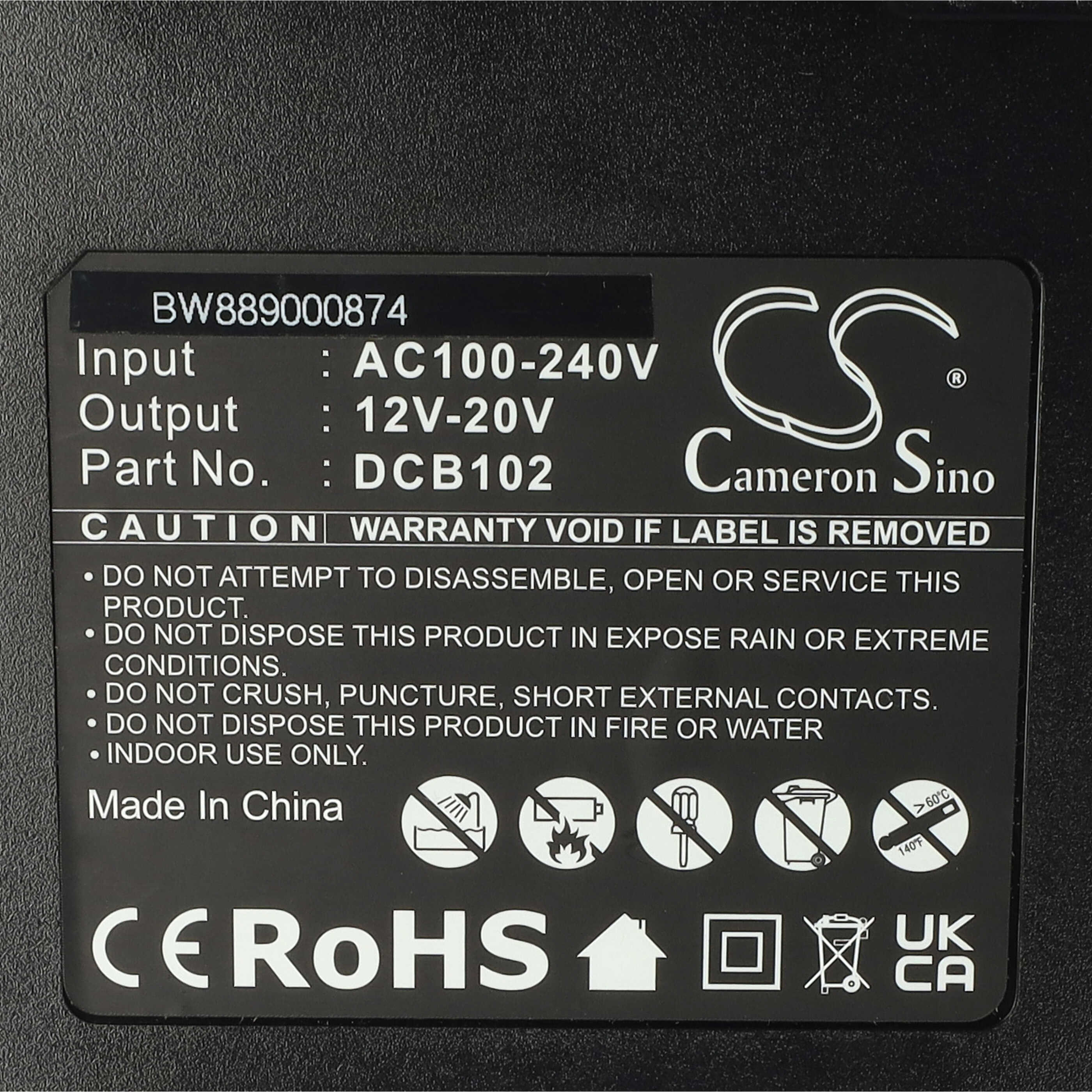 Ein Cameron Sino Batterieetikett mit technischen Daten, Warnhinweisen und Sicherheitszeichen auf schwarzem Hintergrund.