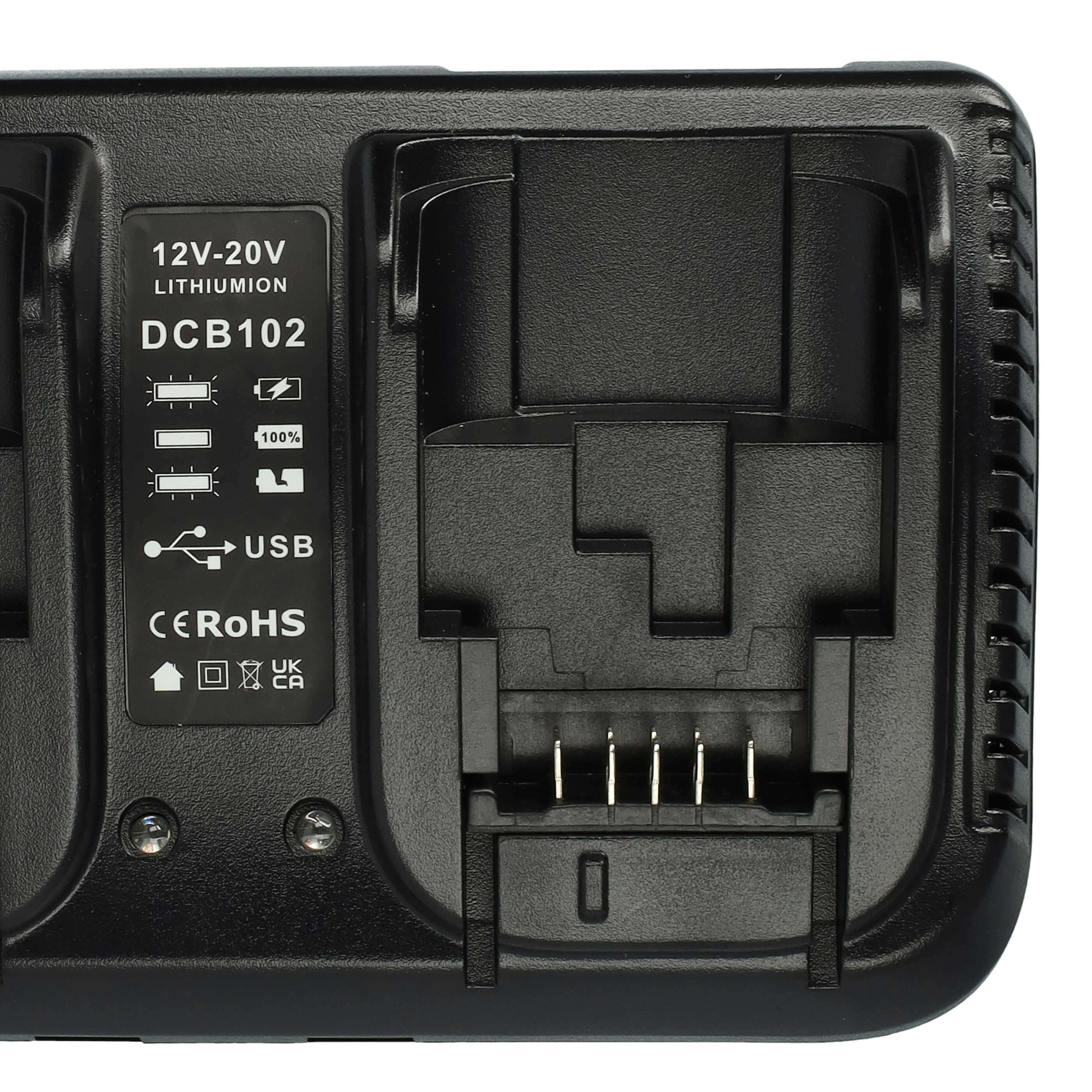 Schwarzes Ladegerät DCB102 für 12V-20V Lithium-Ionen-Akkus mit Ladekontrollanzeige und USB-Anschluss.