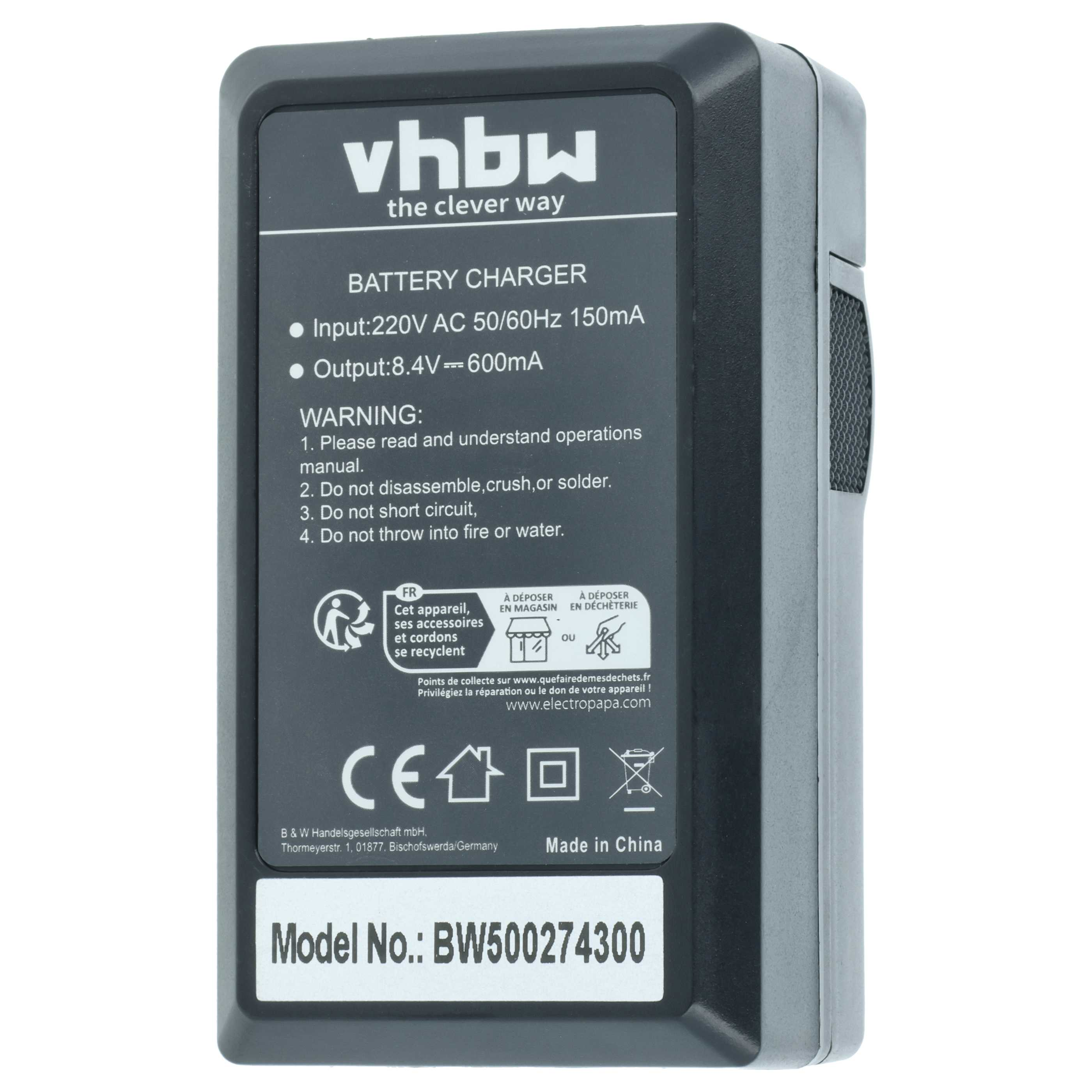Schwarzes vhbw Akkuladegerät mit technischen Daten, Warnhinweisen und Modellnummer BW500274300 auf der Vorderseite.