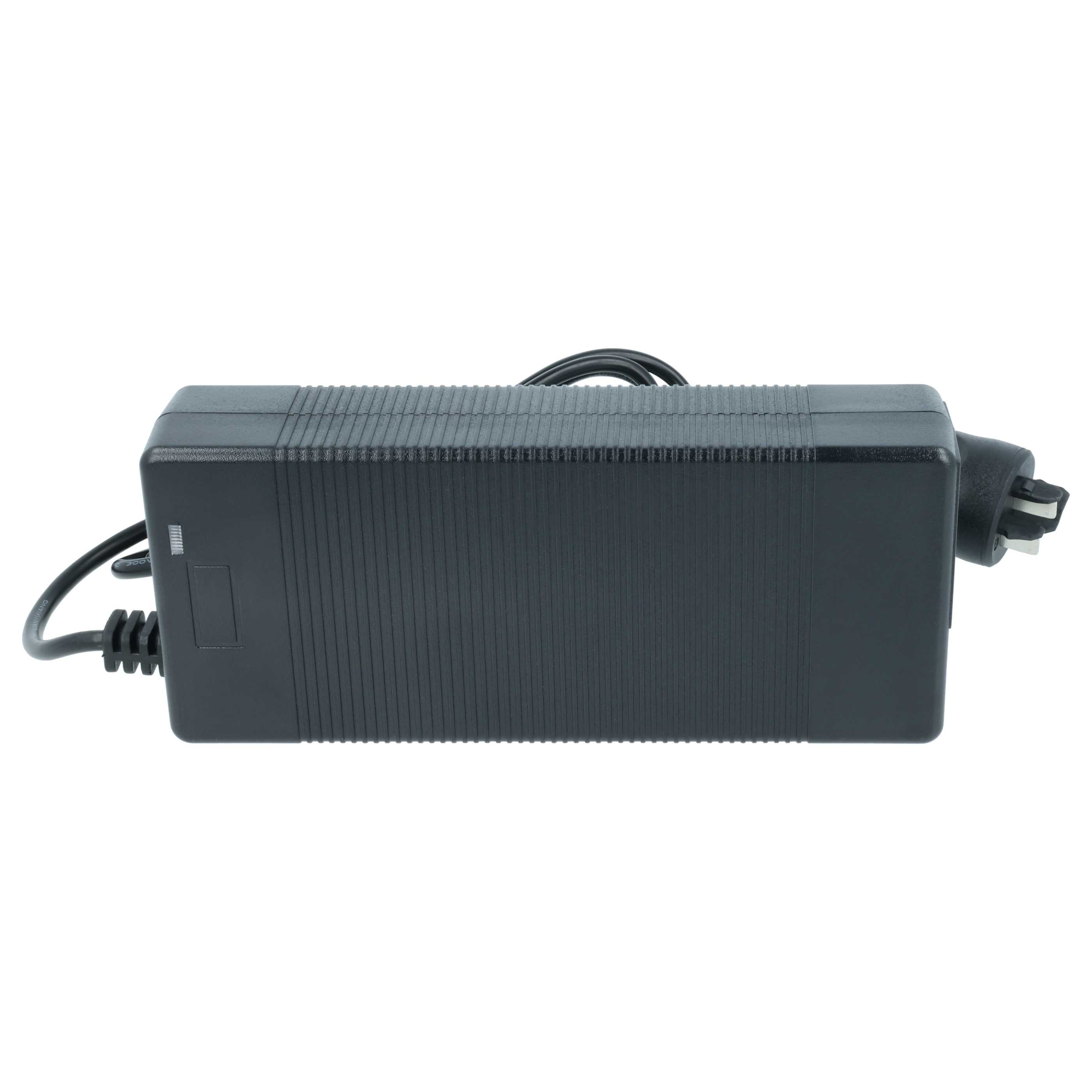 Schwarzer, rechteckiger Elektronikadapter mit Kabeln und Stecker auf weißem Hintergrund.