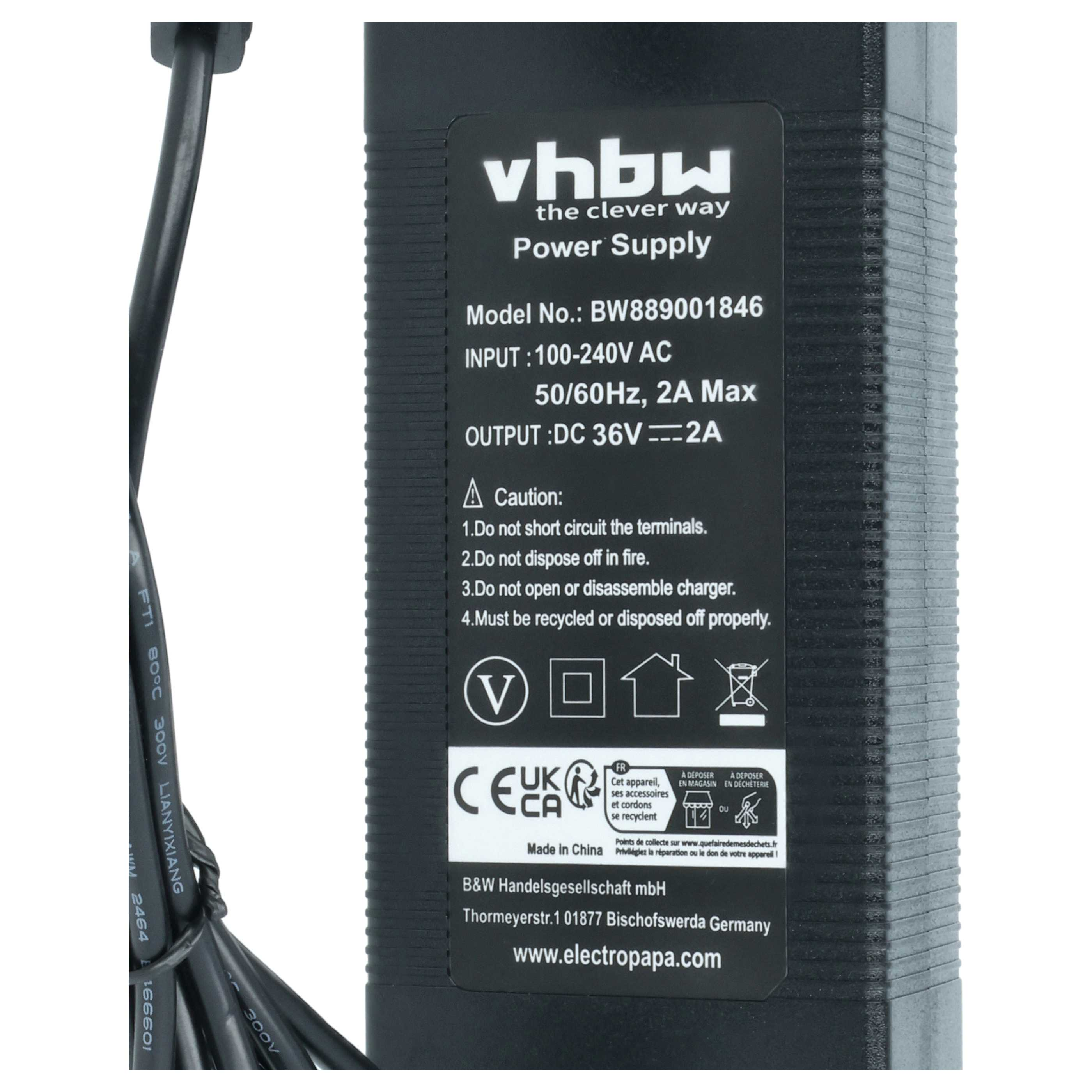 Ein schwarzes vhbw Netzteil mit technischen Daten und CE-Kennzeichnung.