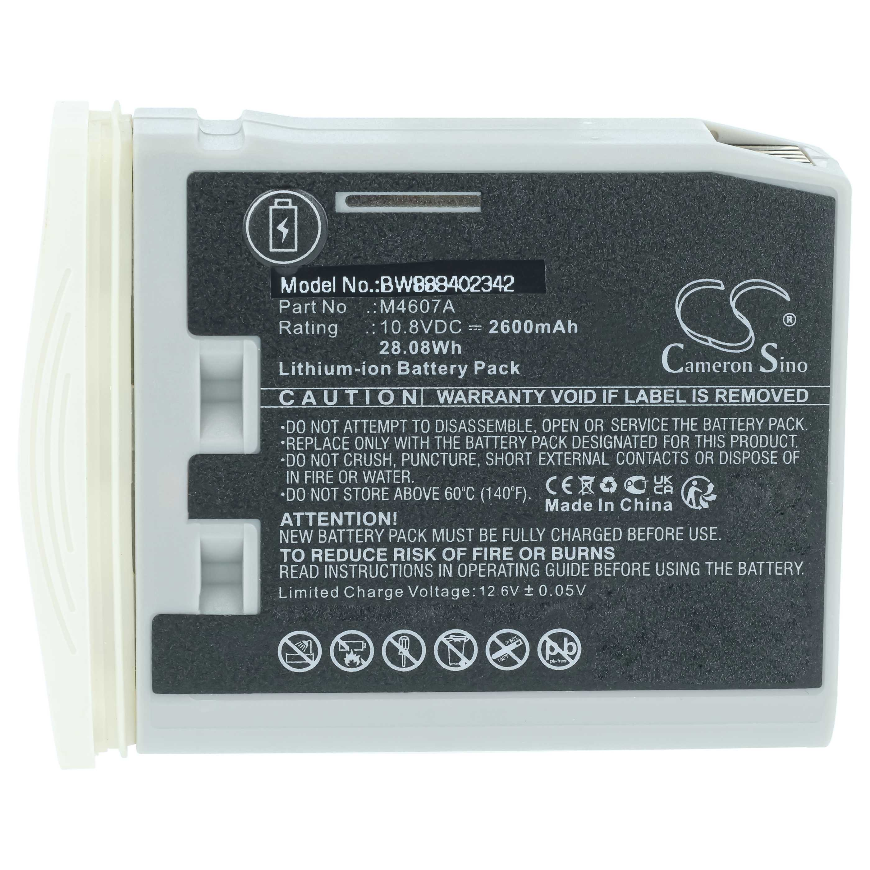 Grauer Cameron Sino Lithium-Ionen-Akku mit Warnhinweisen und Modellangaben.