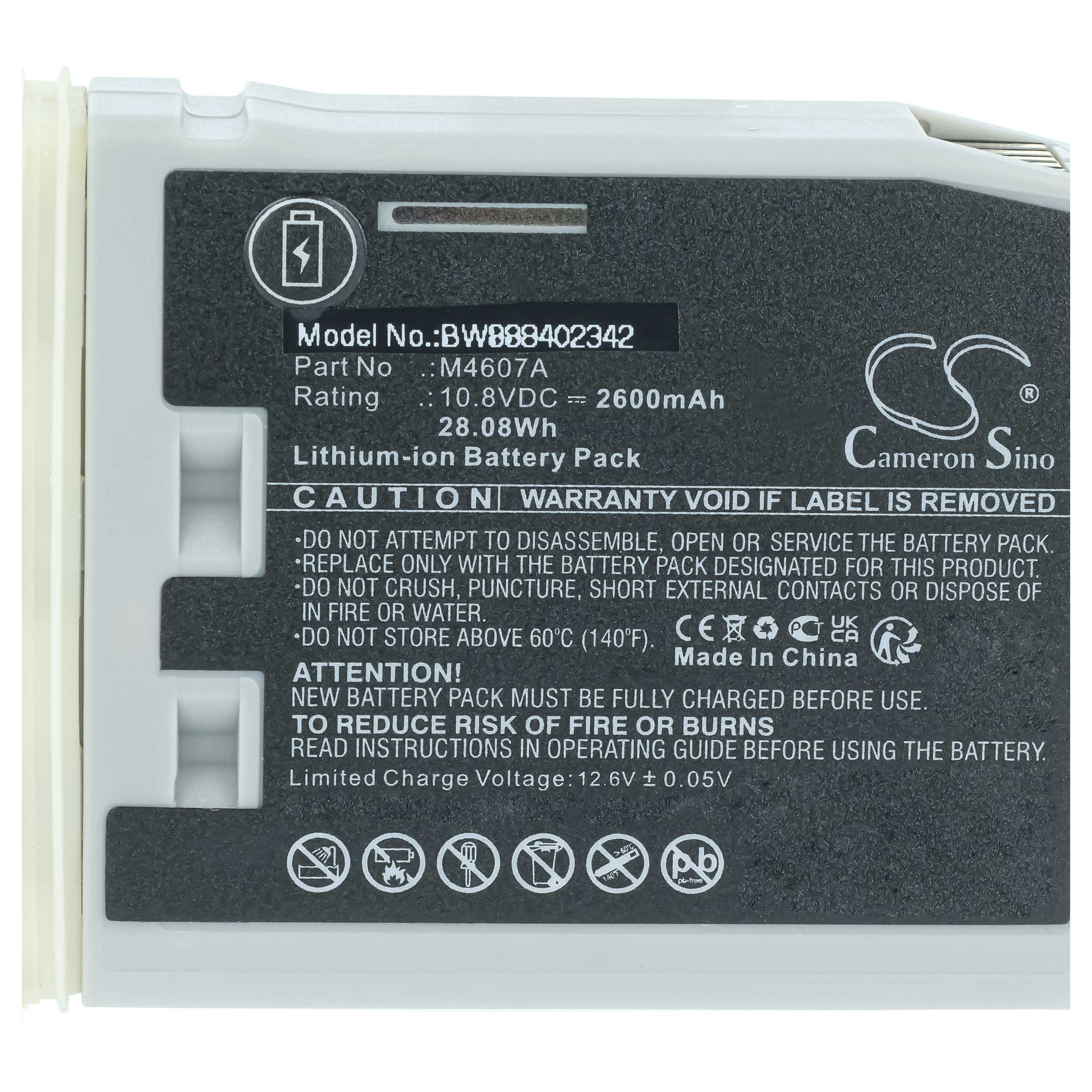 Etikett auf einem Lithium-Ionen-Akku mit Modellnummer, technischen Daten und Sicherheitshinweisen.