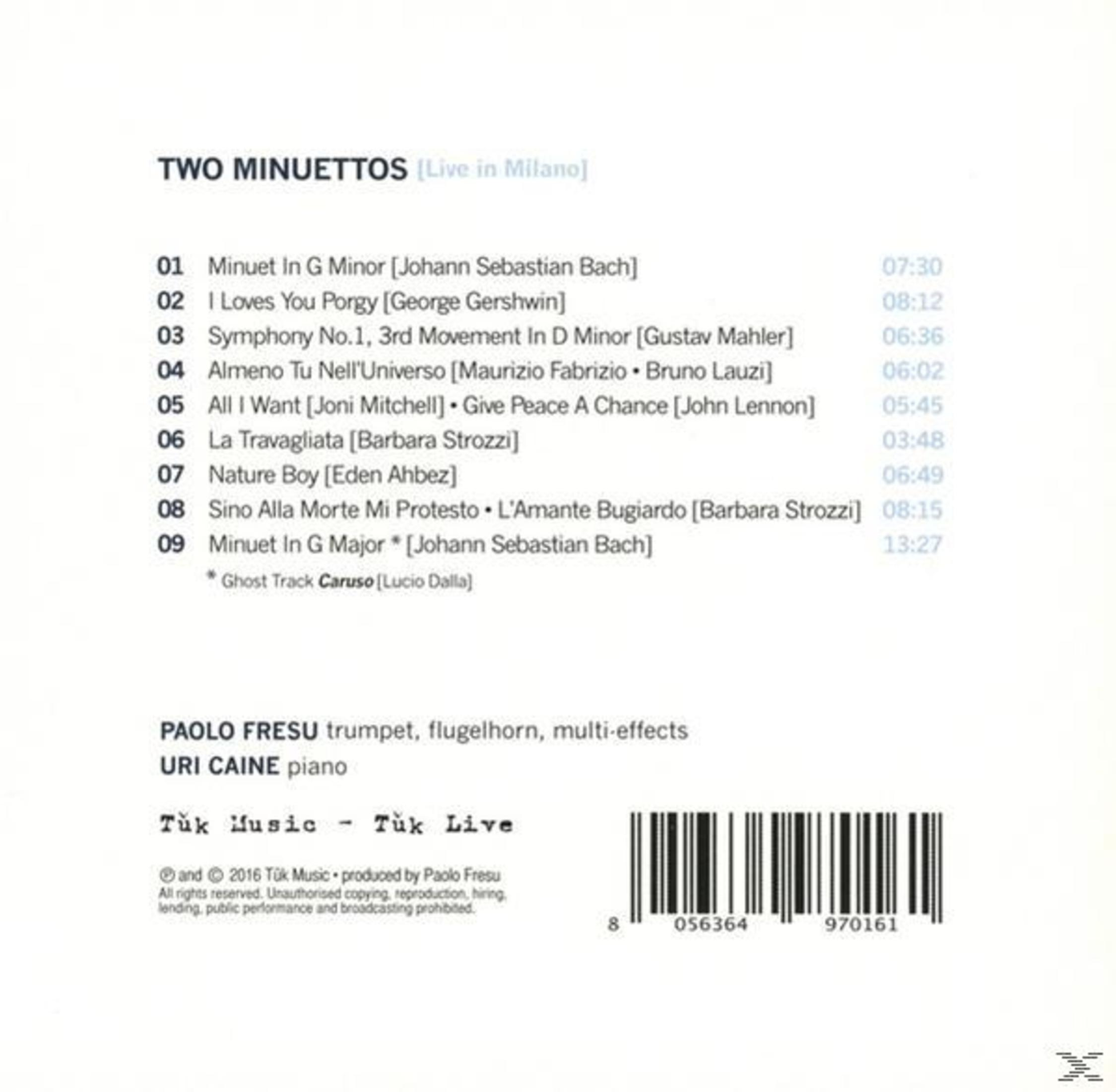 Titelliste für Two Minuettos von Paolo Fresu und Uri Caine mit Songtitel, Dauer und Barcode.