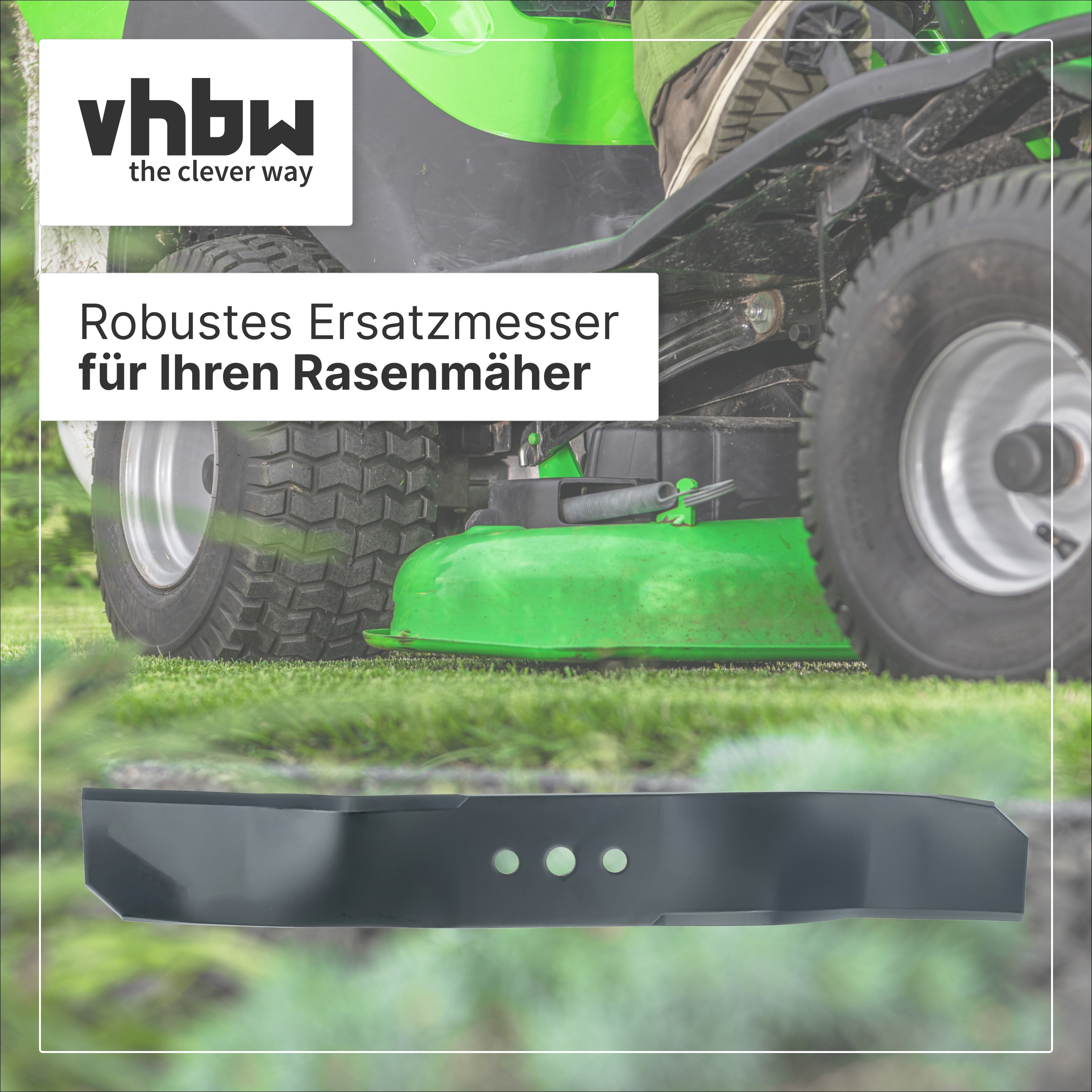 Robuste Ersatzmesser für Ihren Rasenmäher von vhbw, gezeigt mit einem grünen Rasentraktor.