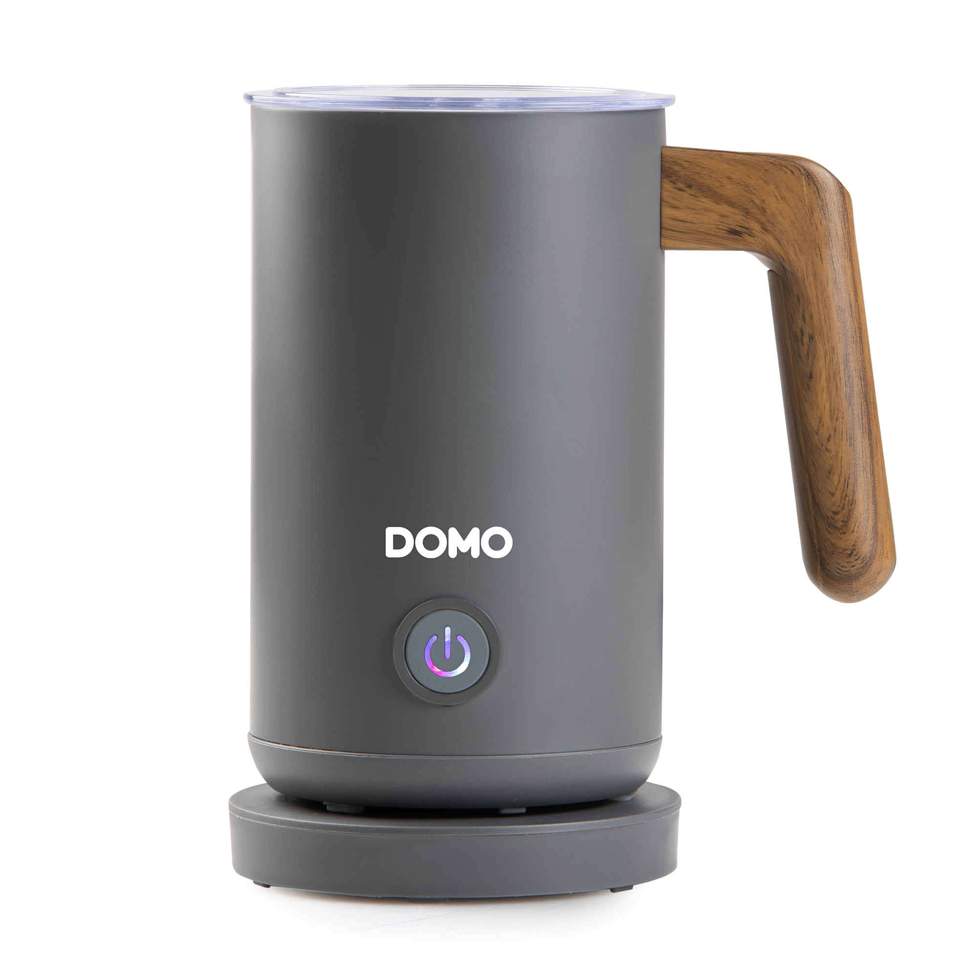 Mousseur à lait électrique gris Domo avec poignée en bois et bouton d'alimentation lumineux.