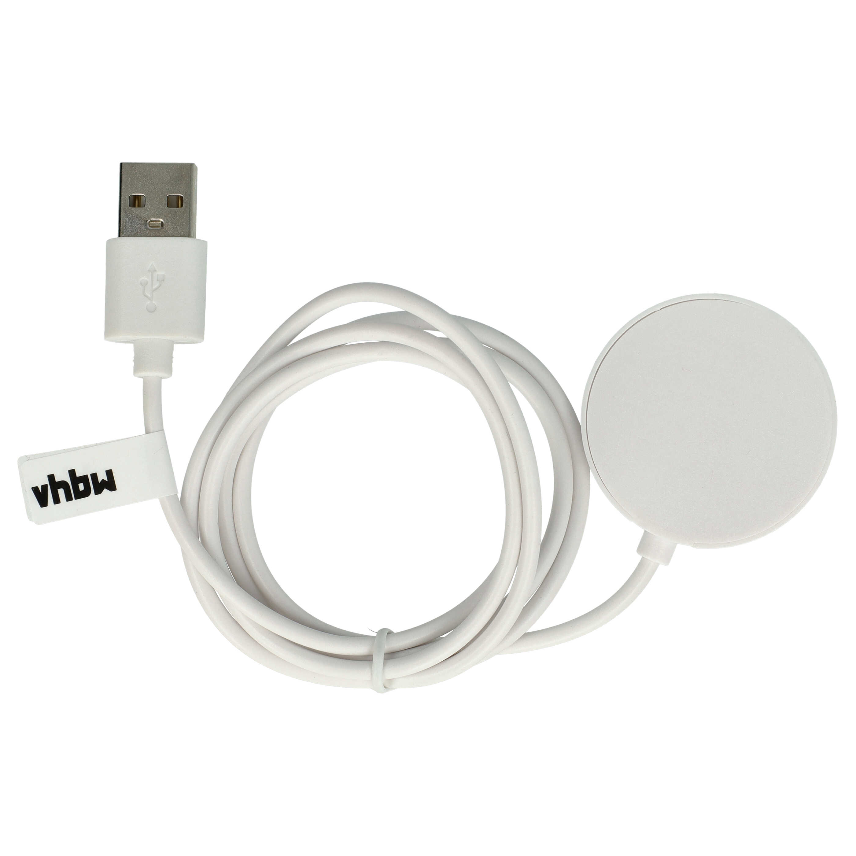 Weißes USB-Ladekabel mit runder Ladestation und einem kleinen Markenetikett.